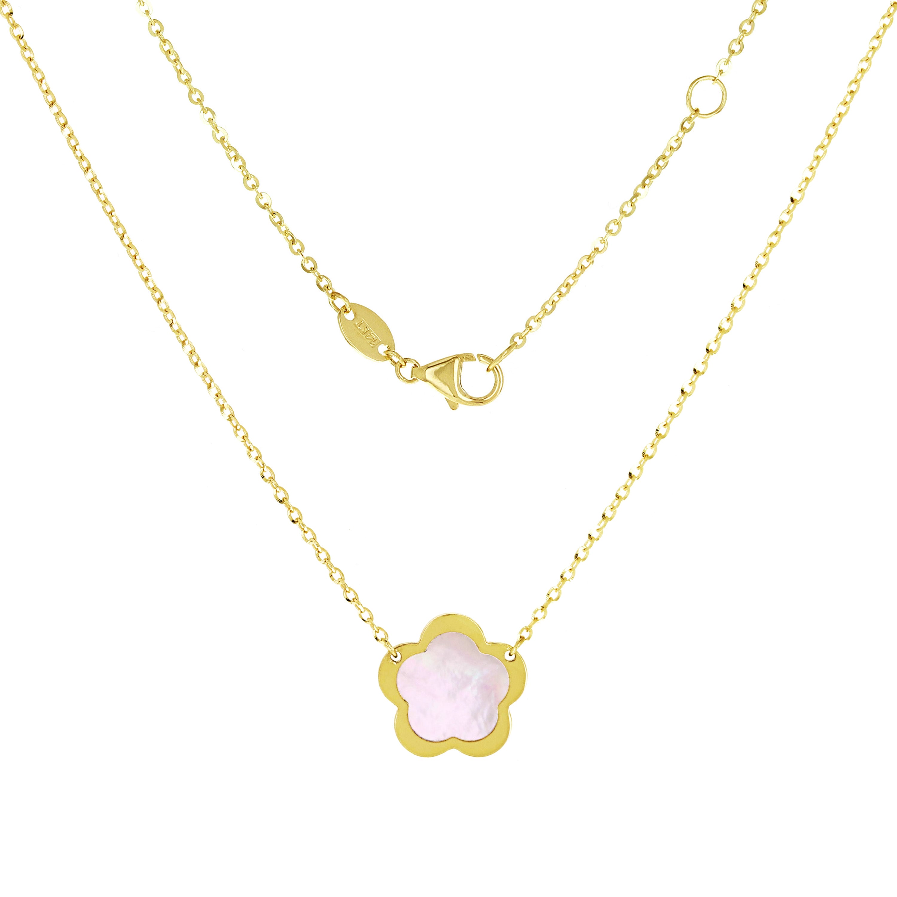 Italian 14k Yellow Gold Pearl Flower Charm Pendant Necklace 16.5-17.5" 2 grams