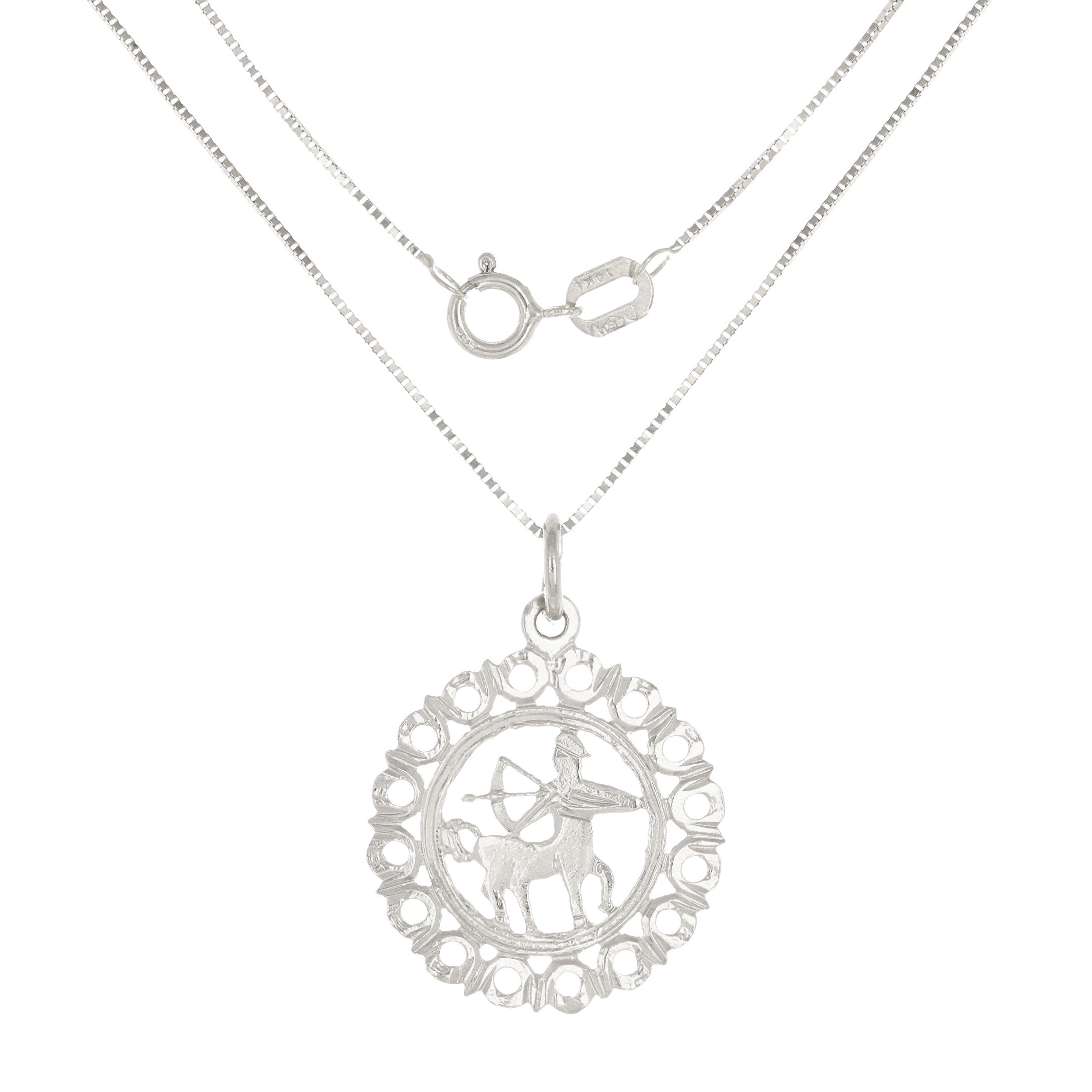 14k White Gold Zodiac Sign Sagittarius Pendant Necklace 18" - Sagittarius,White