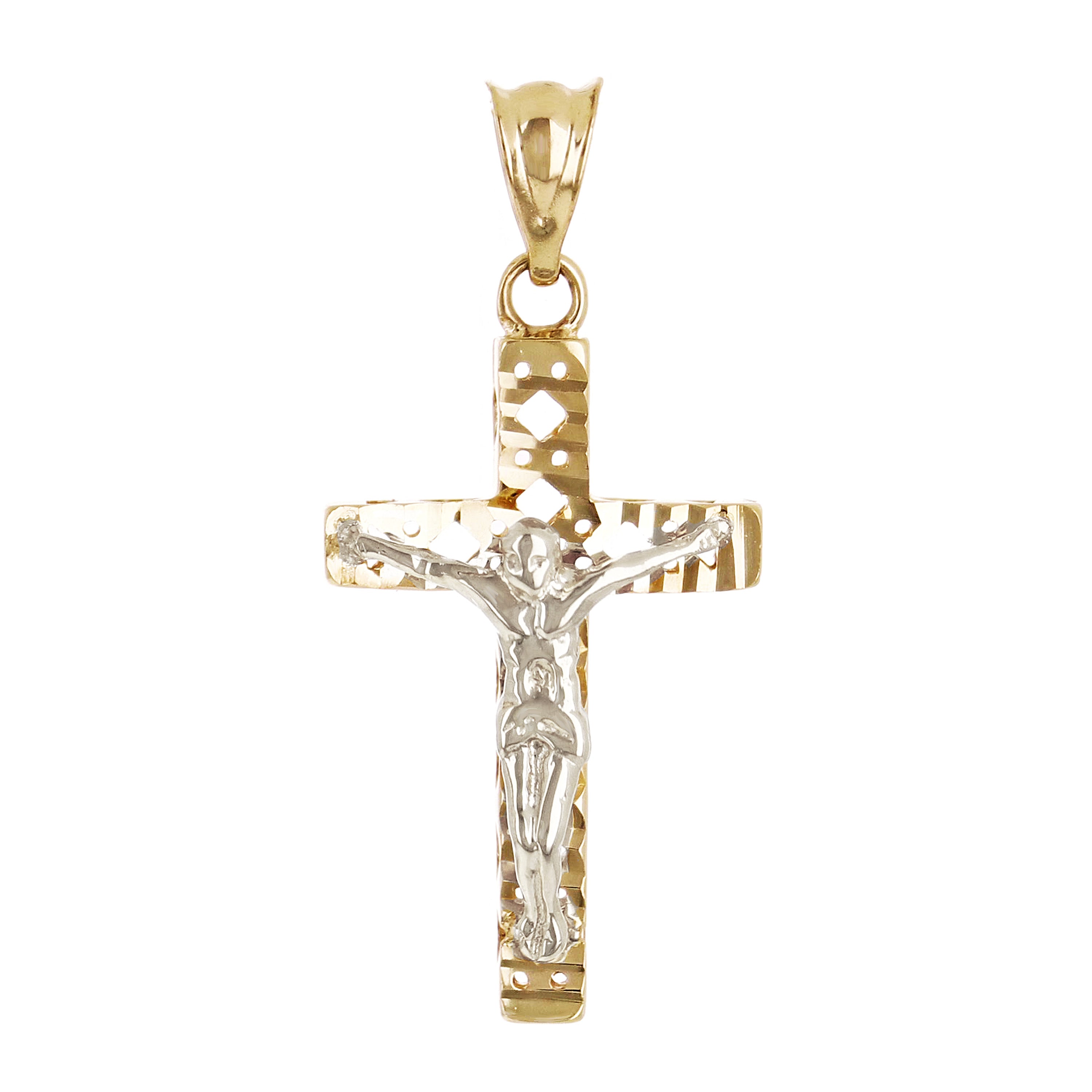Italian 14k Two Tone Gold 3D Double Sided Crucifix Cross Charm Pendant 1.1" 1.7g