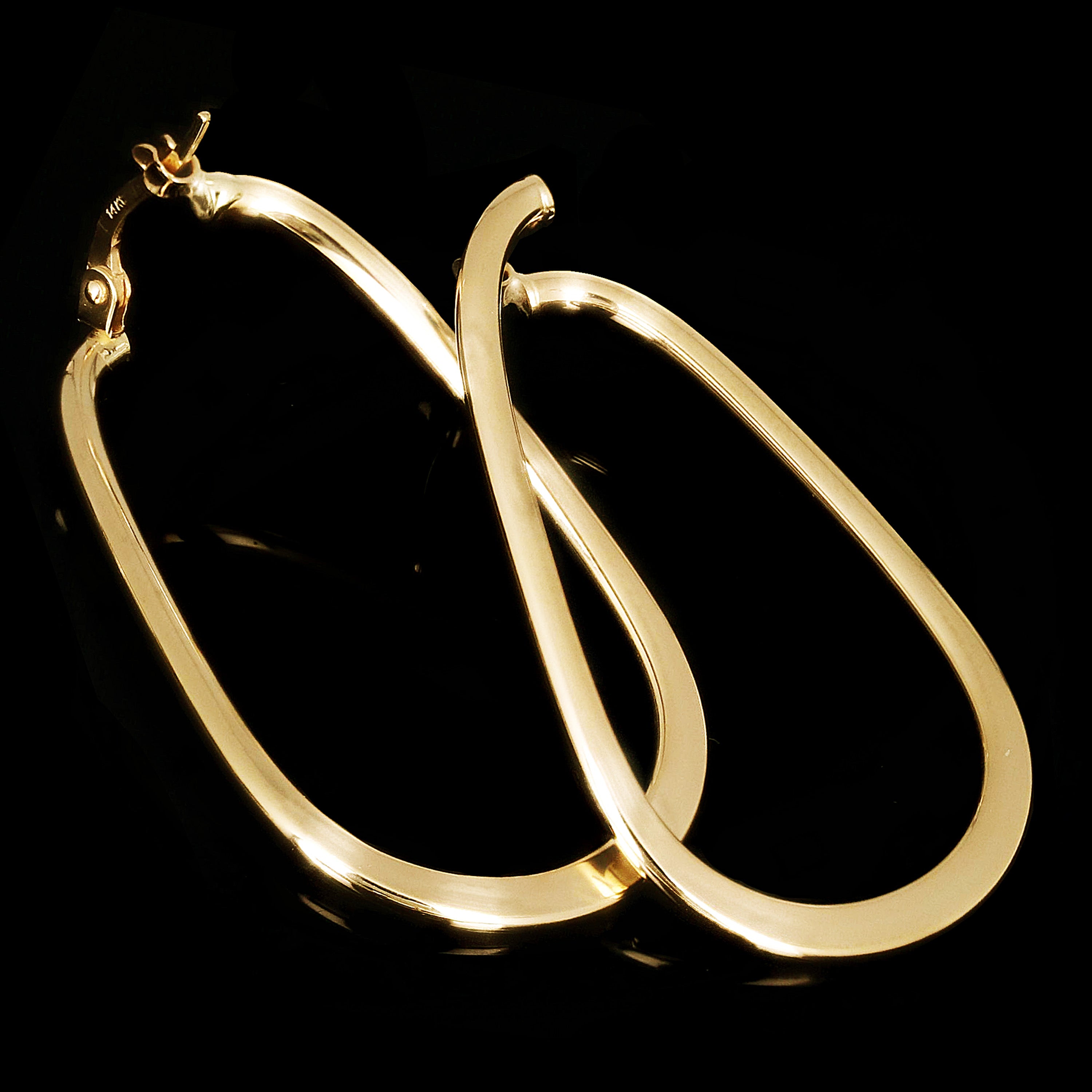 Italian 14k Yellow Gold Oblong Oval U-Shaped Hoop Earrings 1.6" 3 grams