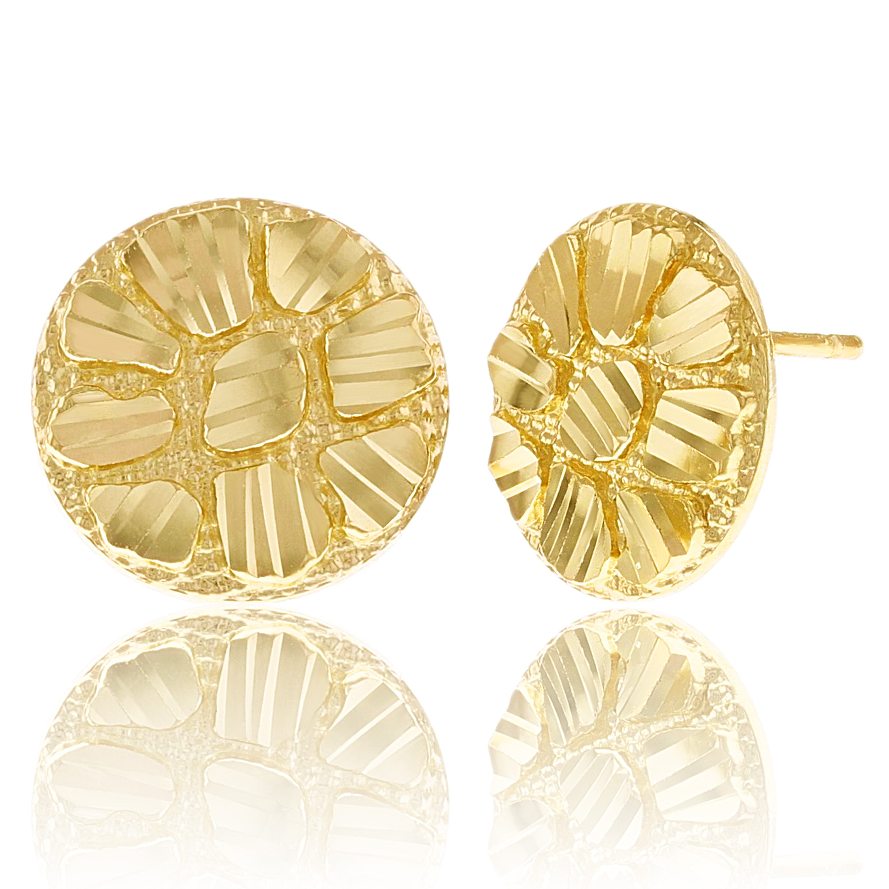 14k Yellow Gold Diamond Cut Nugget Round Stud Earrings 11.8mm 1.7 grams