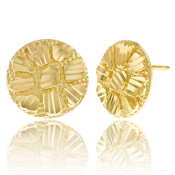 10k Yellow Gold Diamond Cut Nugget Round Stud Earrings 11.8mm 1.6 grams
