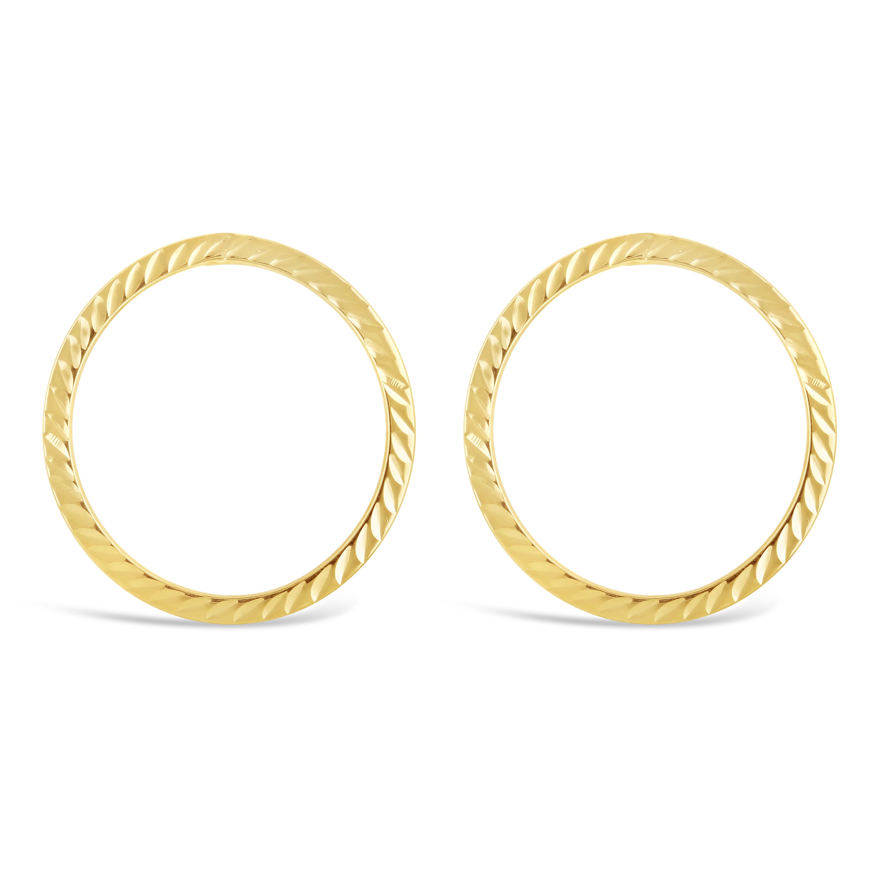 Italian 14k Yellow Gold Slim Diamond-Cut Eternity Circle Drop Hoop Stud Earrings - Shiny Yellow