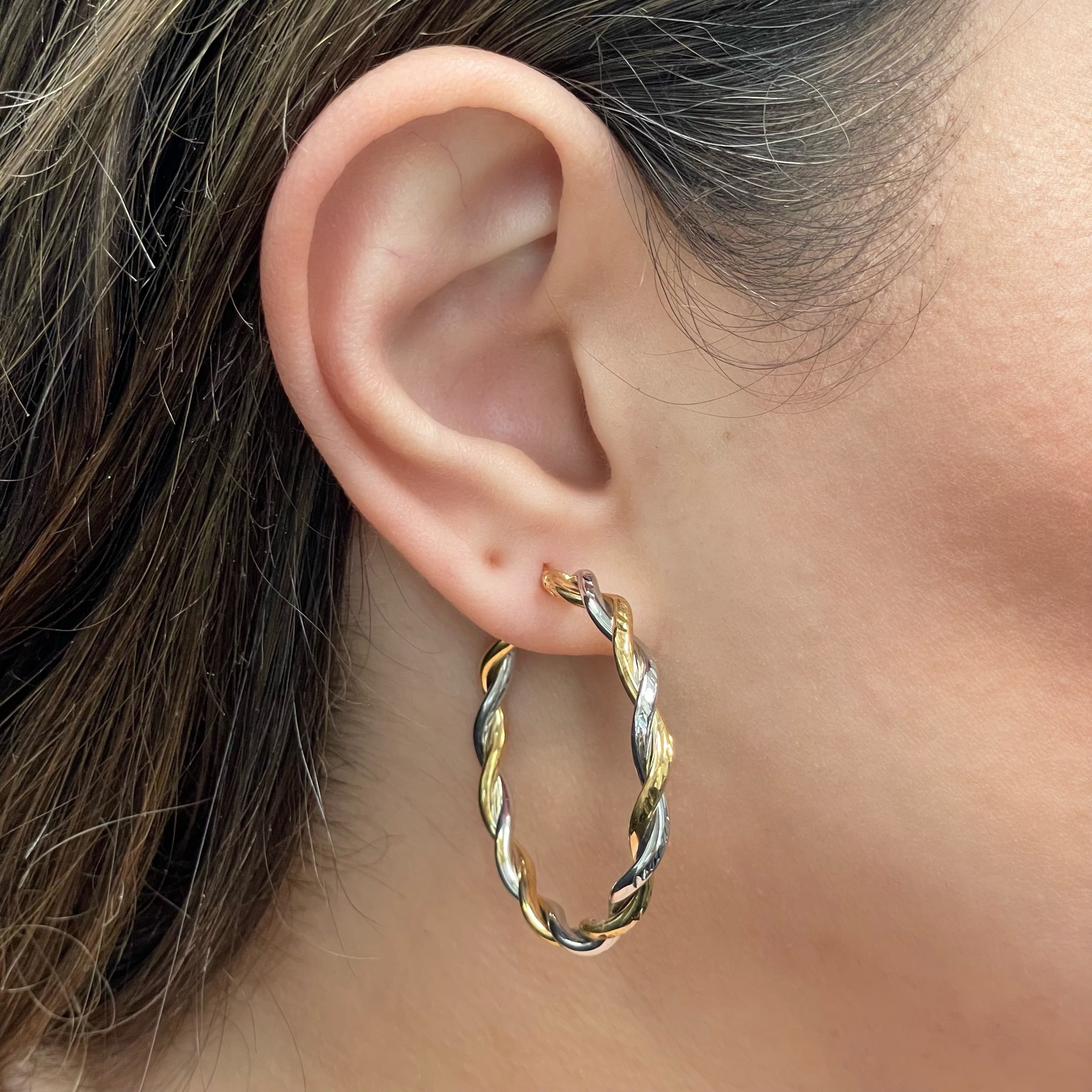 Italian 14k Yellow & White Gold Twisted Diamond Cut Large Hollow Hoop Earrings