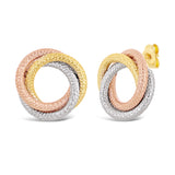 Italian 14k Tri-Color Gold Tube Triple Eternity Circle Love Knot Stud Earrings - Tri-Color Double Circle