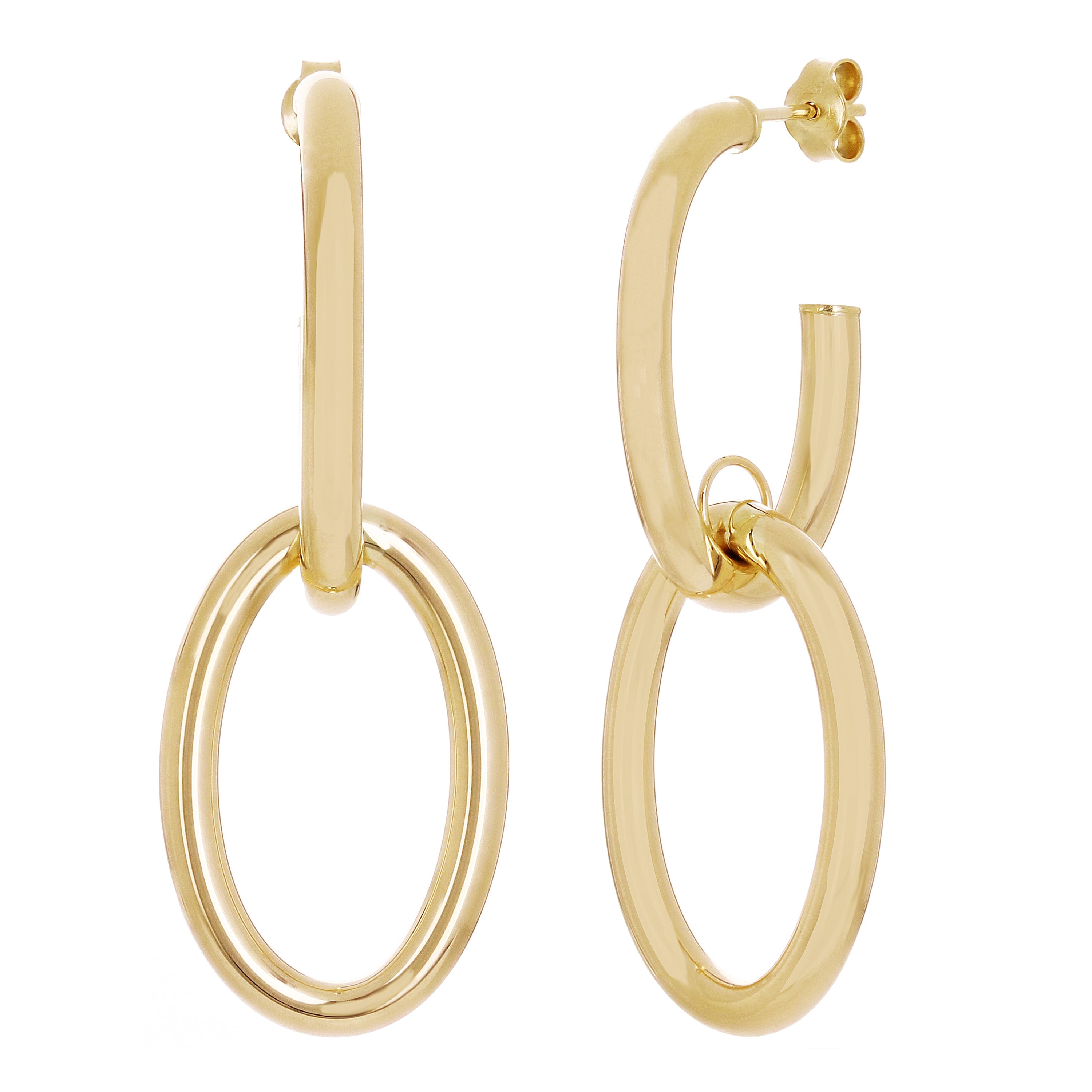 Italian 14kt Yellow Gold Hollow Double Oval Drop Earrings 1.8" 17mm 3.4 grams