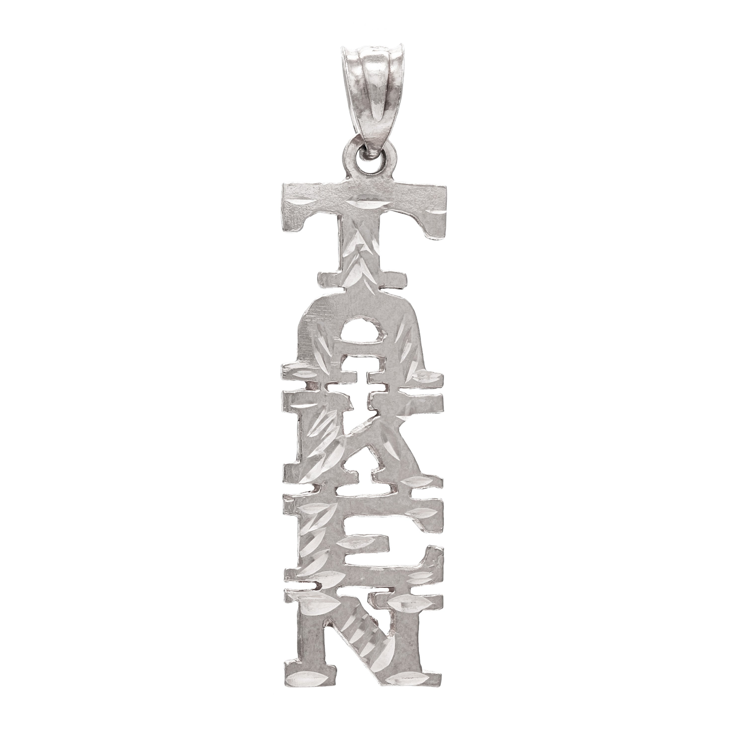 14k White Gold Diamond Cut TAKEN Pendant Word Charm 1.5" 2 grams - White