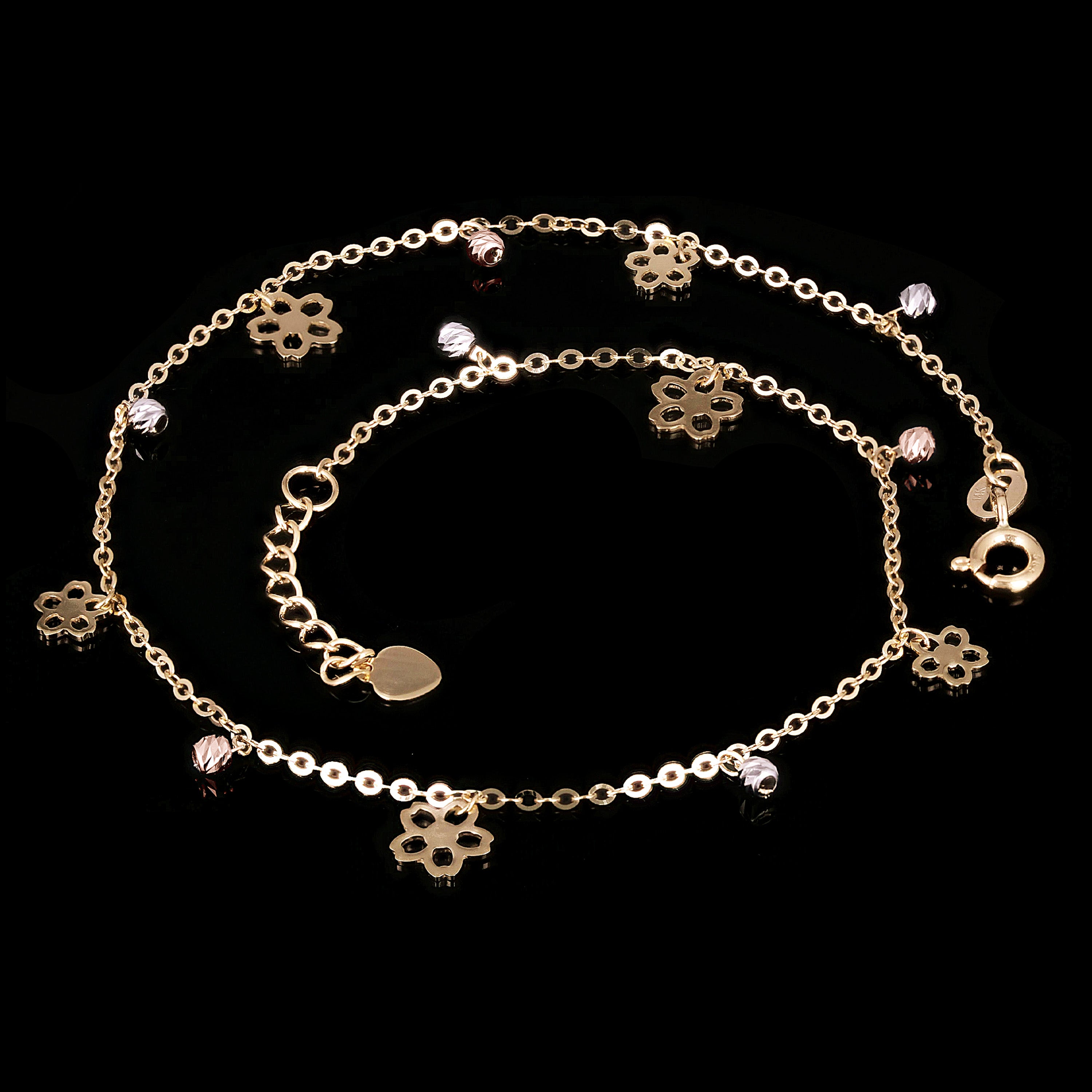 Italian 14k Tri Color Gold Flower & Ball Beads Charm Anklet Bracelet 10" 2 grams - Tri-Color