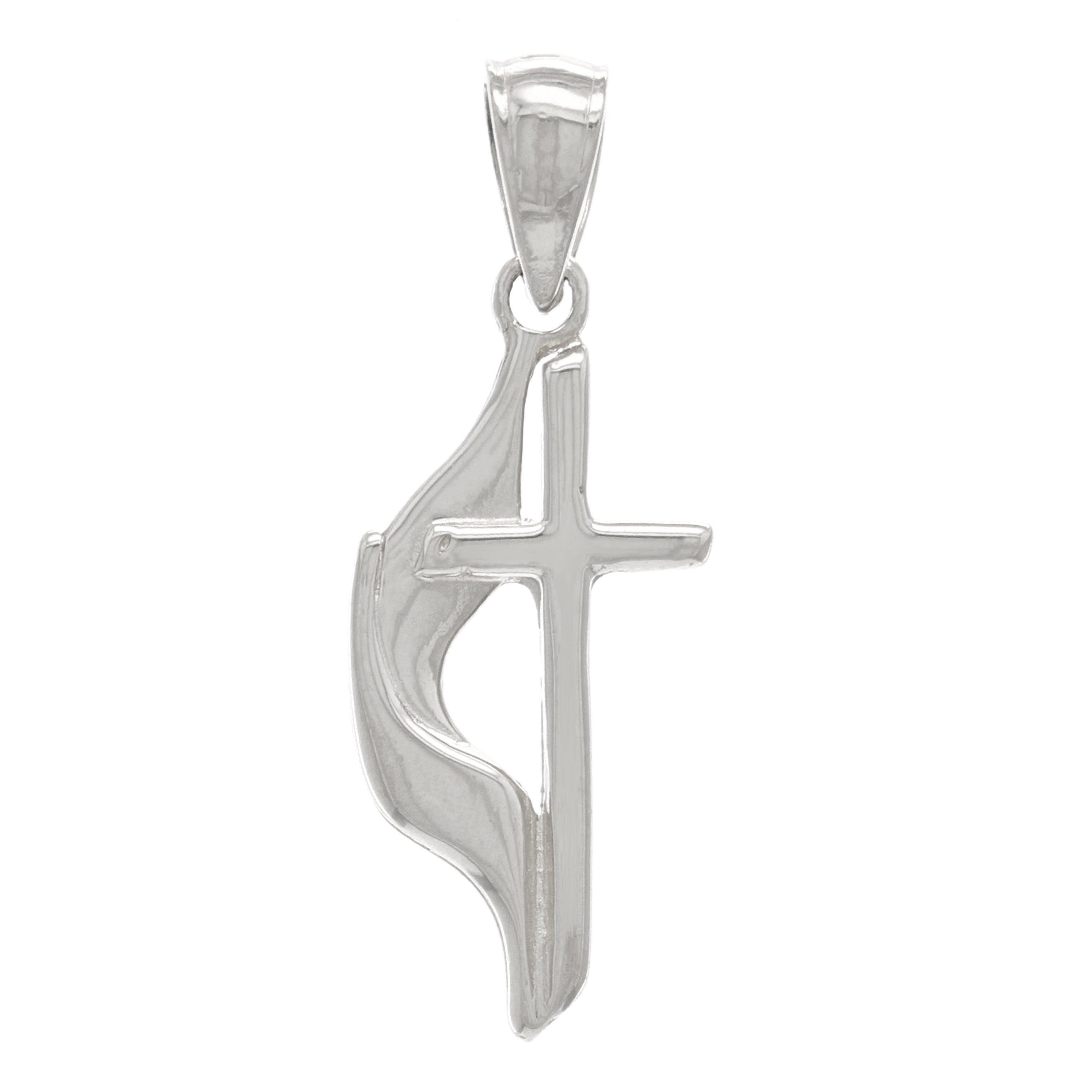 14k White Gold Religious Methodist Cross Charm Pendant 1.4" 2.8 grams - White