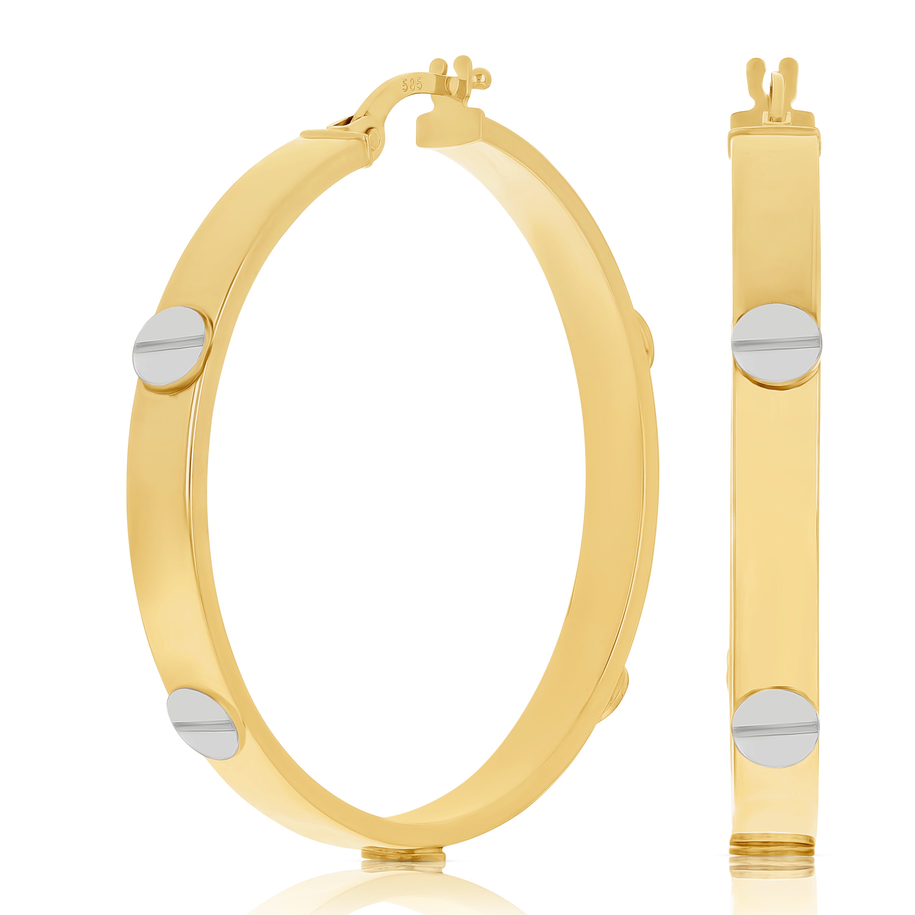 Italian 14k Yellow & White Gold Love Screw Design Small Hollow Hoop Earrings 1"