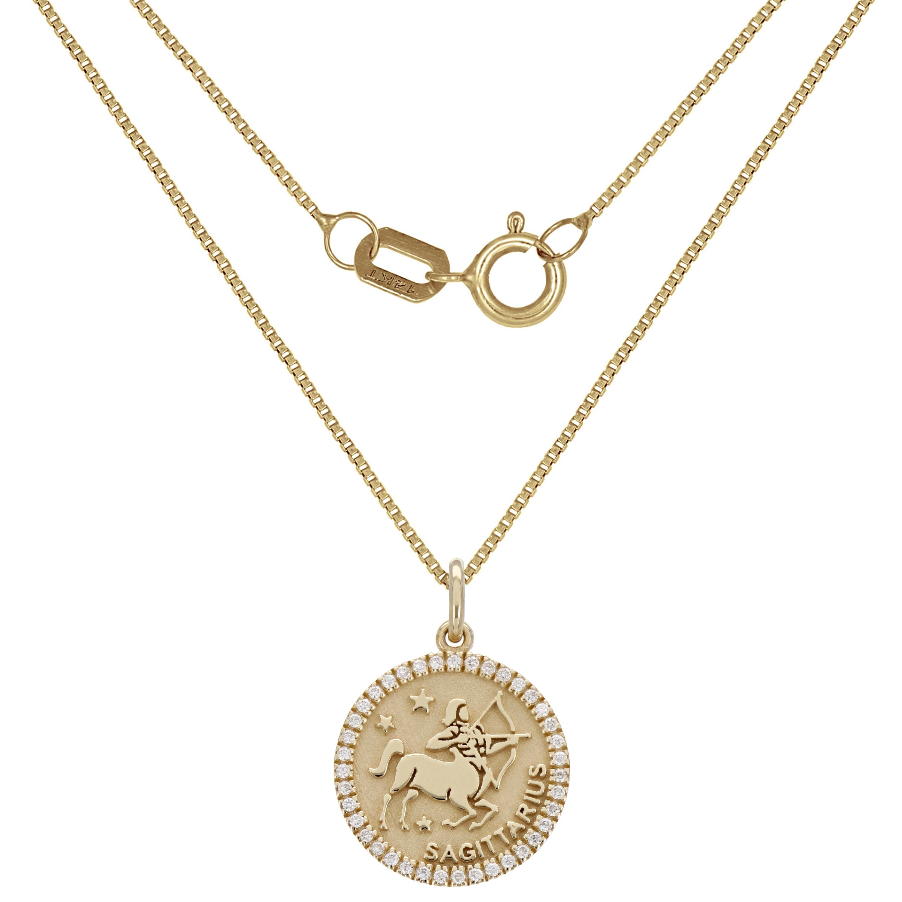 14k Yellow Gold Diamond Zodiac Sign Sagittarius Pendant Necklace 18" - Sagittarius,Yellow