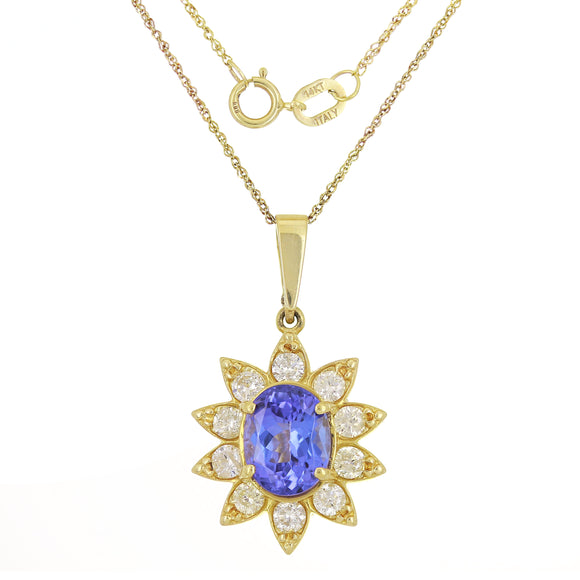 14k Yellow Gold 1.10ctw Tanzanite & Diamond Flower Cluster Pendant Necklace 18