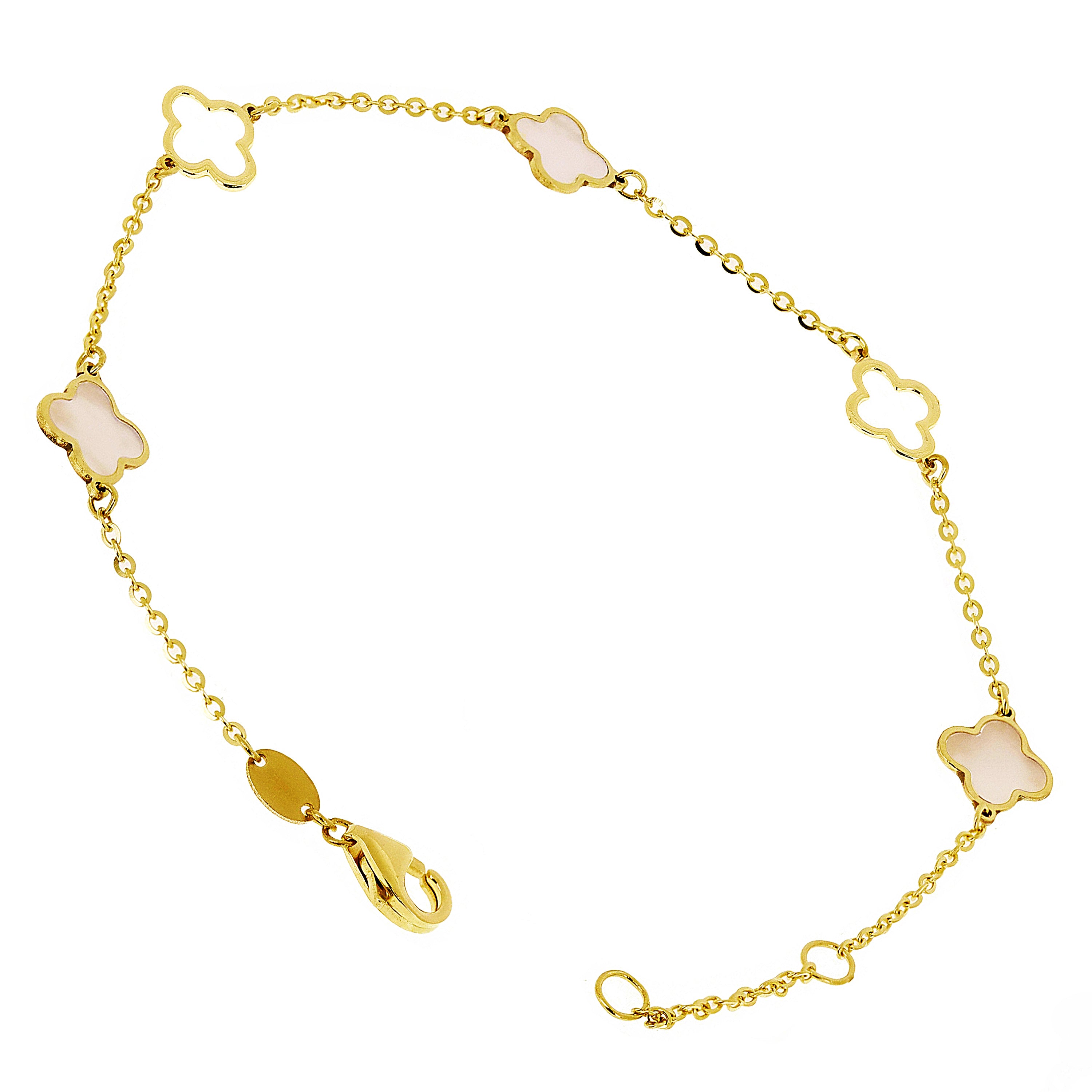 Italian 14k Yellow Gold Pearl Flower Charm Station Bracelet 7.5" 10.3mm 1.8 gram