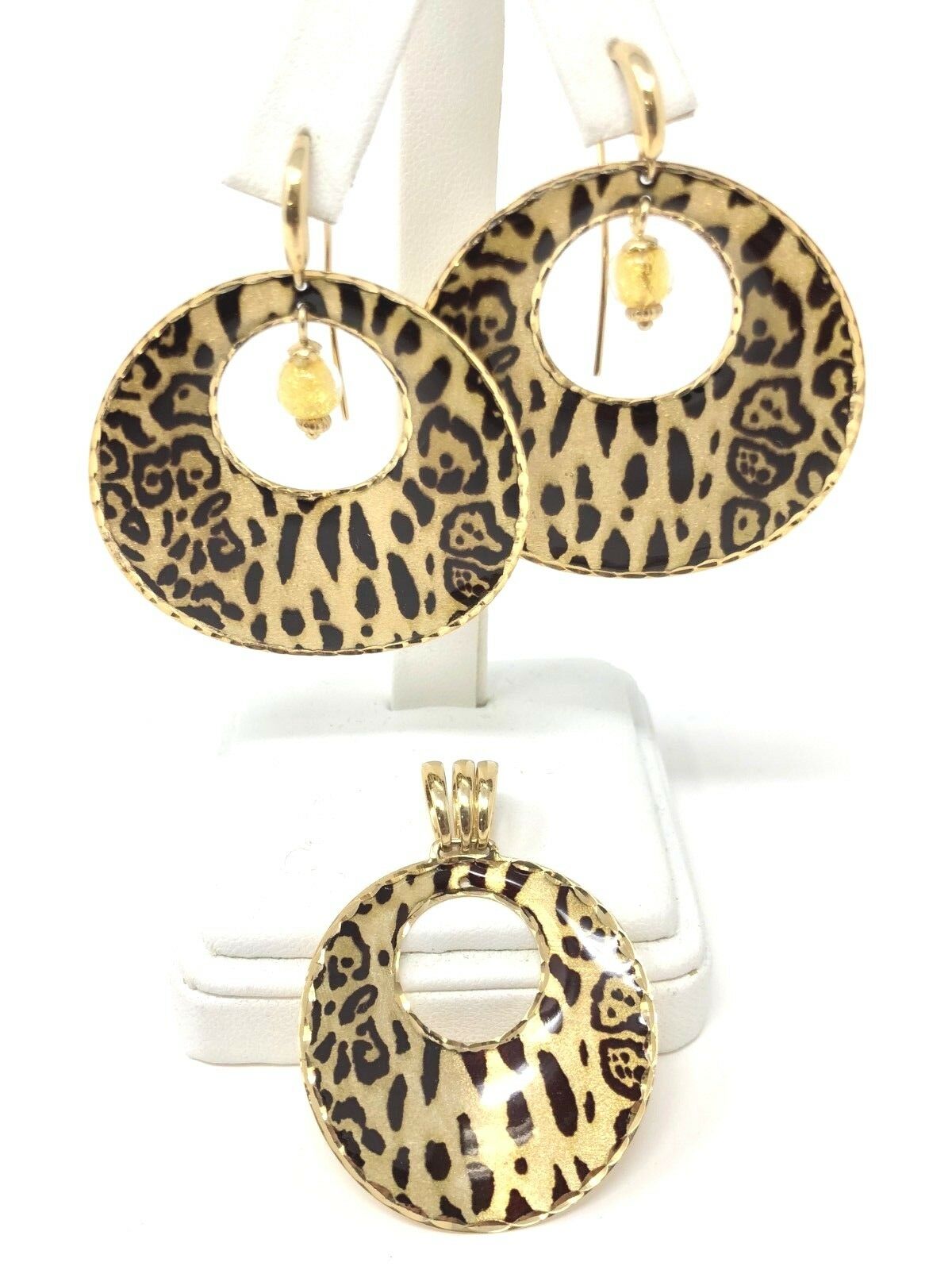 Italian 14k Yellow Gold Leopard Print Dangling Earrings & Pendant Set 21.1 grams
