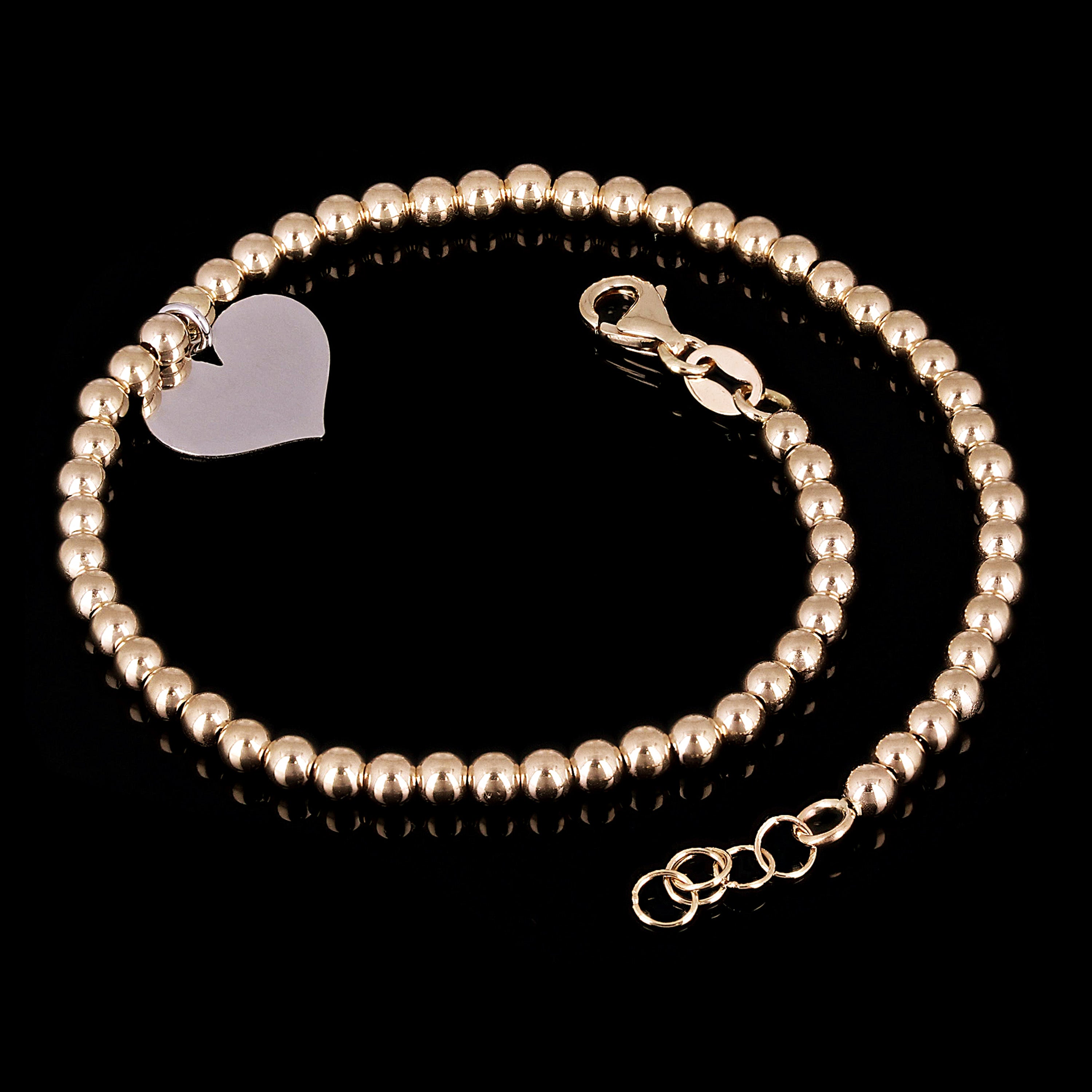 Italian 14k Two Tone Gold Ball Bead Bracelet with Heart Charm 8" 3mm 3.4 grams