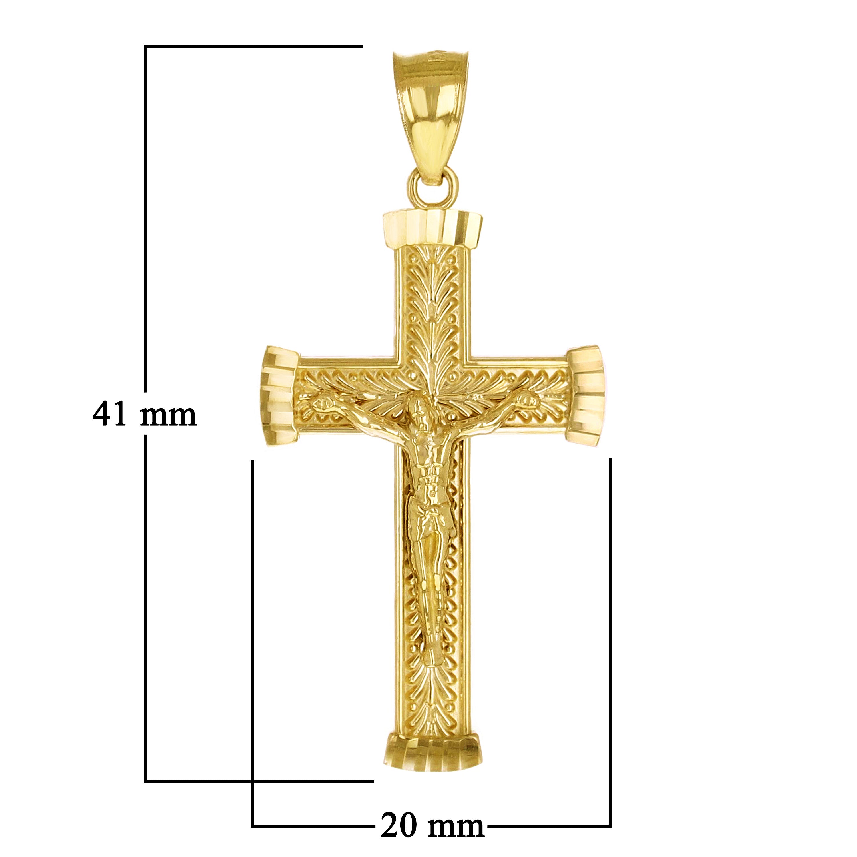 14k Yellow Gold Diamond Cut Leaf Pattern Jesus Cross Crucifix Pendant 1.6" 2.6g