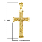 14k Yellow Gold Diamond Cut Leaf Pattern Jesus Cross Crucifix Pendant 1.6" 2.6g