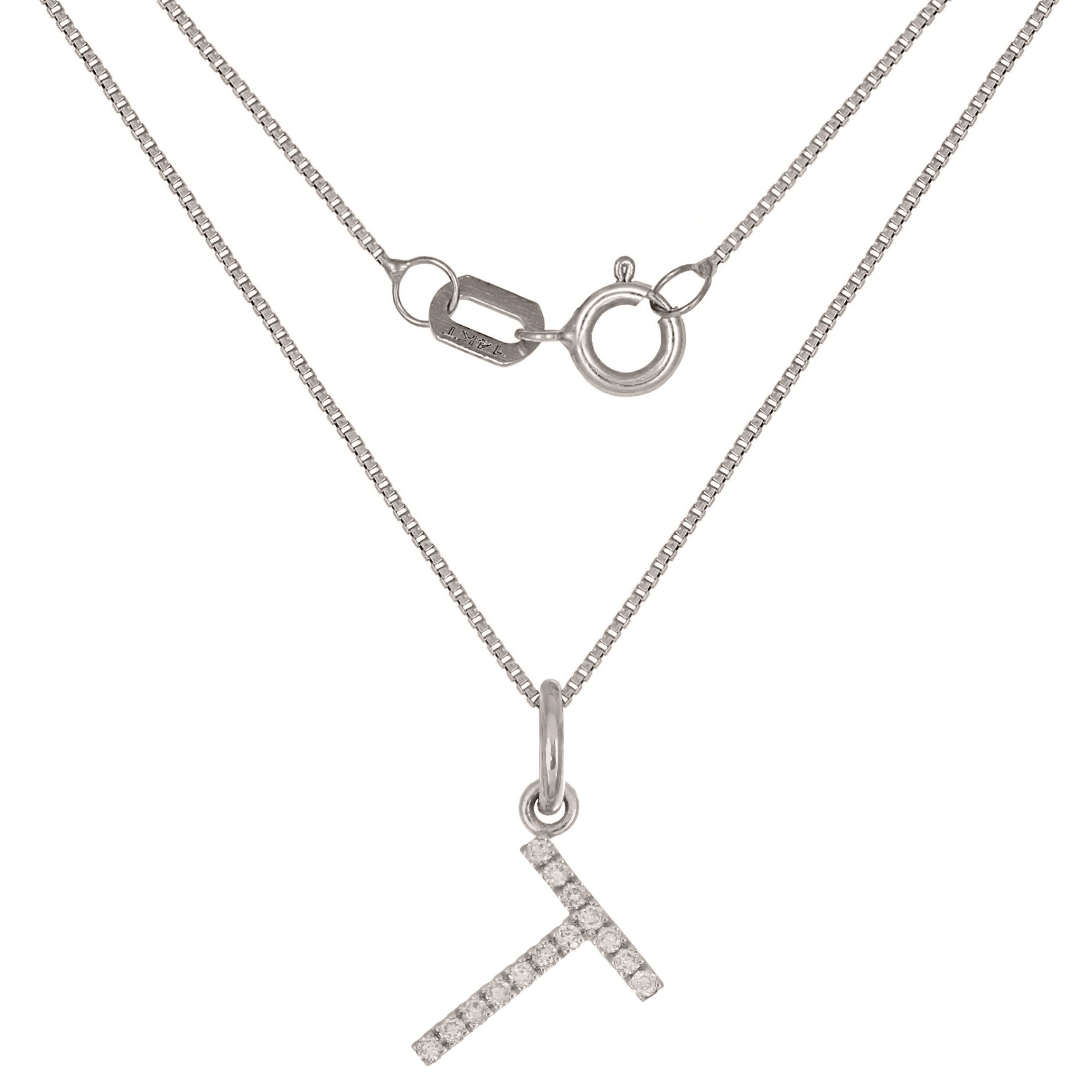14k White Gold Diamond Initial Letter T Charm Pendant Necklace 18" - Letter T,White