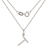 14k White Gold Diamond Initial Letter T Charm Pendant Necklace 18" - Letter T,White