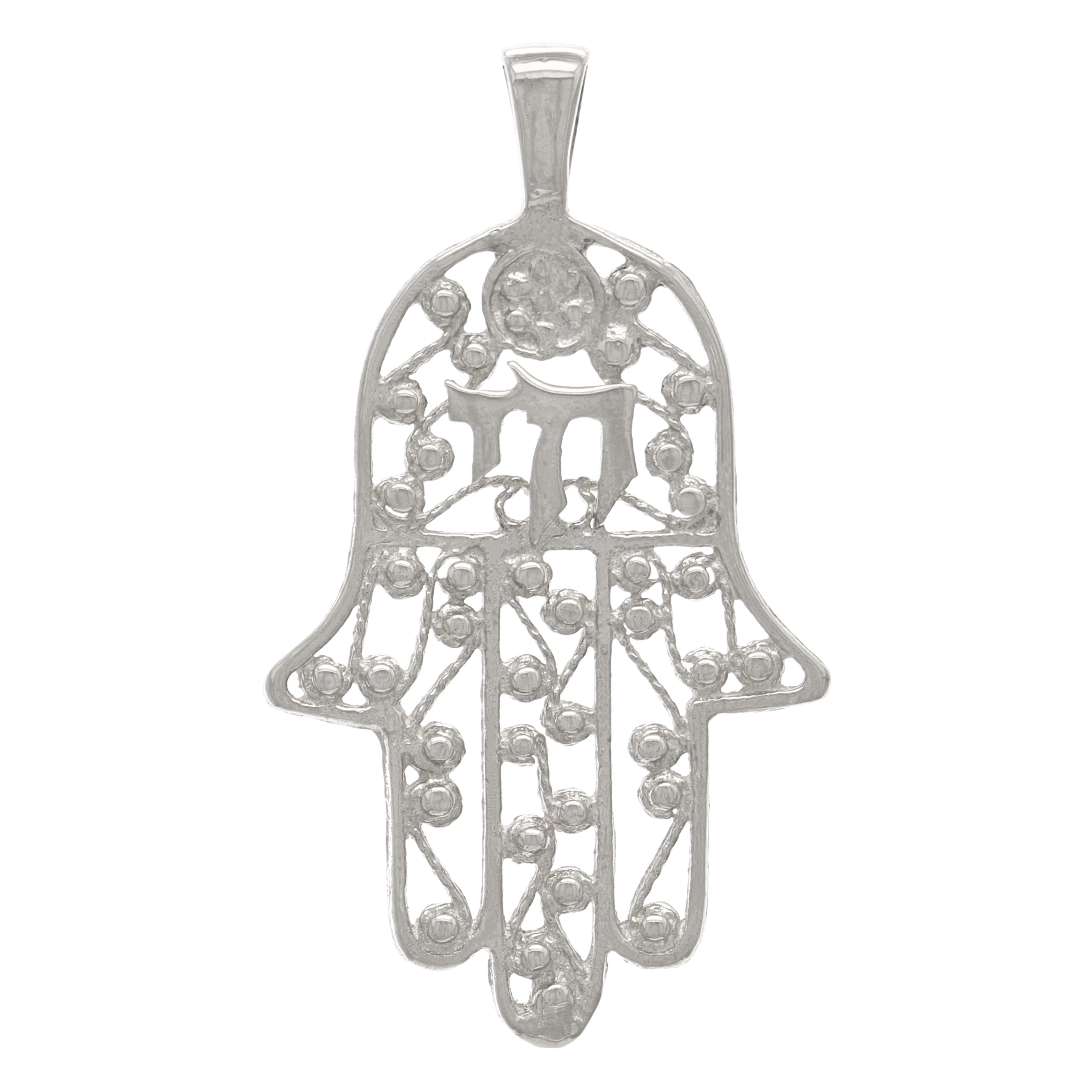 14k White Gold Hebrew Chai Hand Of Fatima Hamsa Charm Pendant 2.3 grams - White