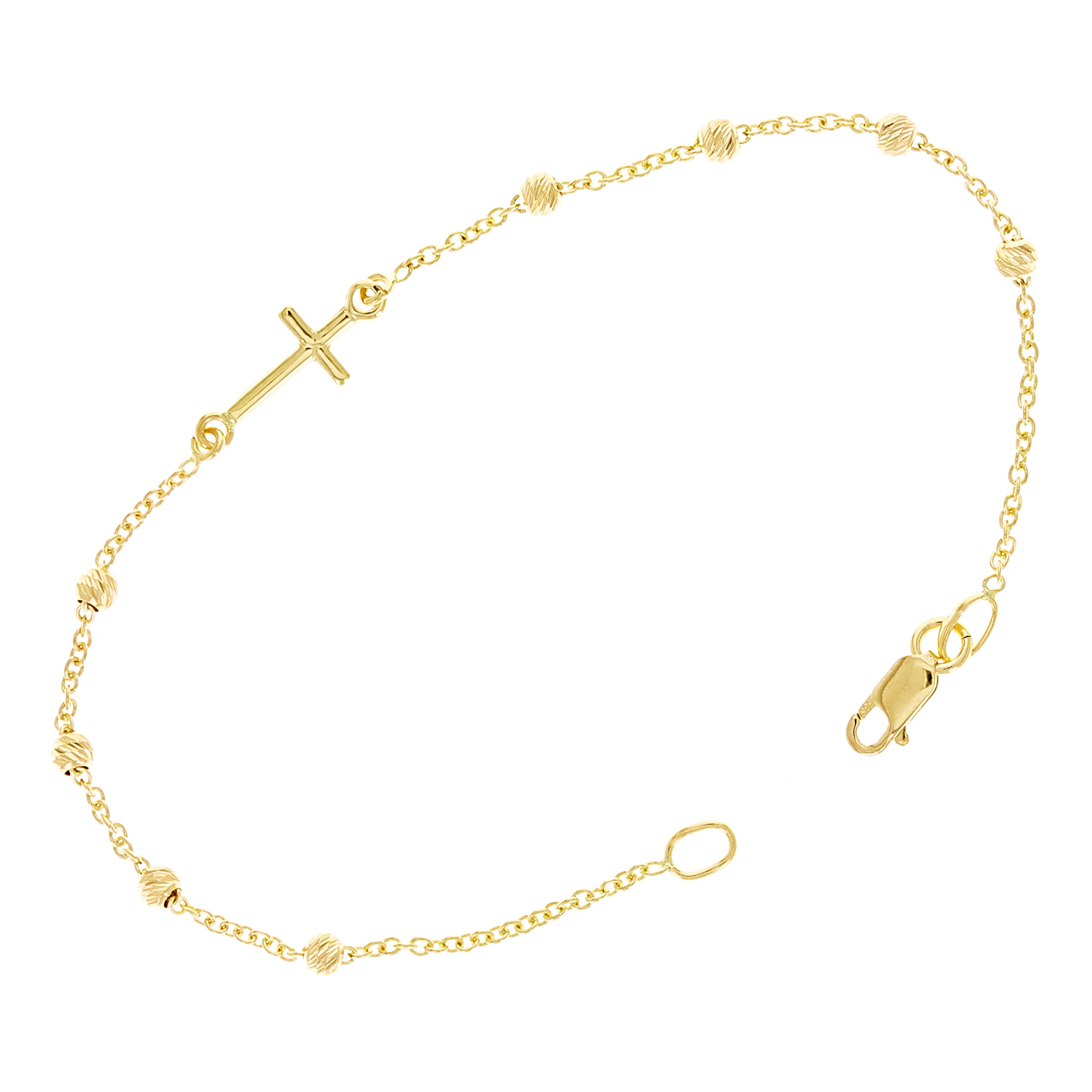 Italian 14k Yellow Gold Cross Ball Beads Charm Rosary Bracelet 7" 2 grams