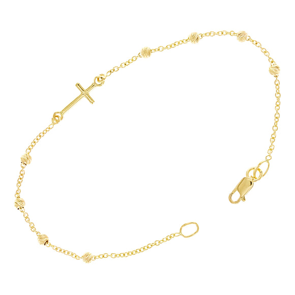Italian 14k Yellow Gold Cross Ball Beads Charm Rosary Bracelet 7