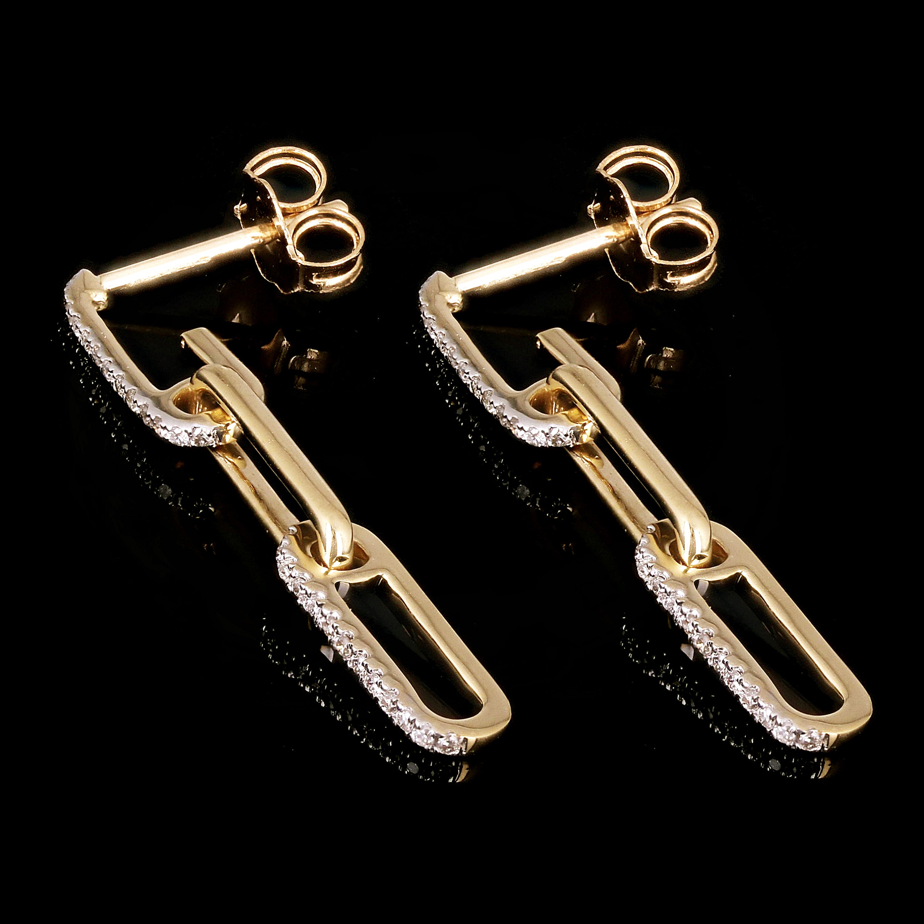 14k Yellow Gold 0.16ctw Diamond Paper Clip Dangling Earrings 1.3" 2.6 grams