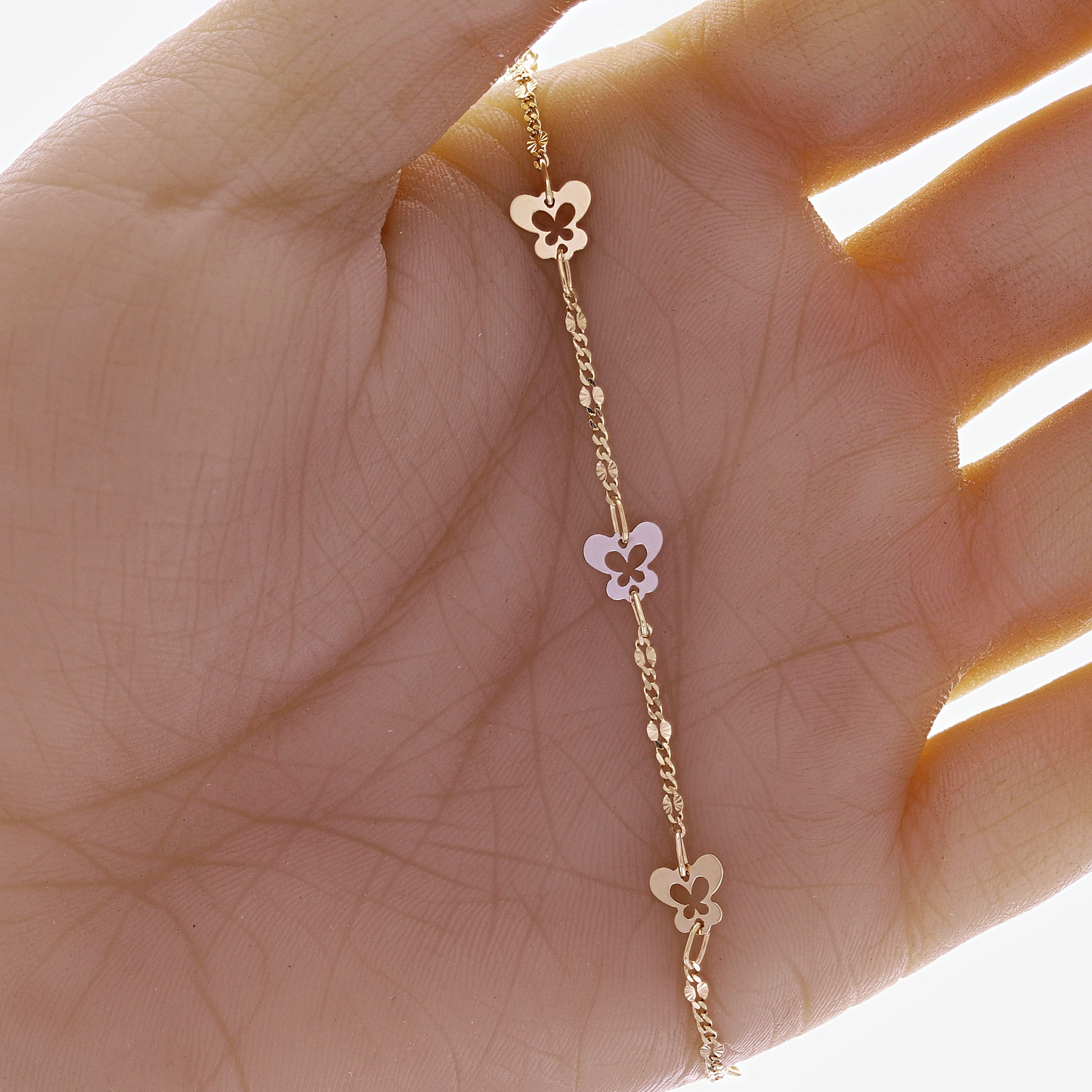 Italian 14k Yellow & White Gold Station Butterfly Charm Bracelet 6.75" 1.7 grams
