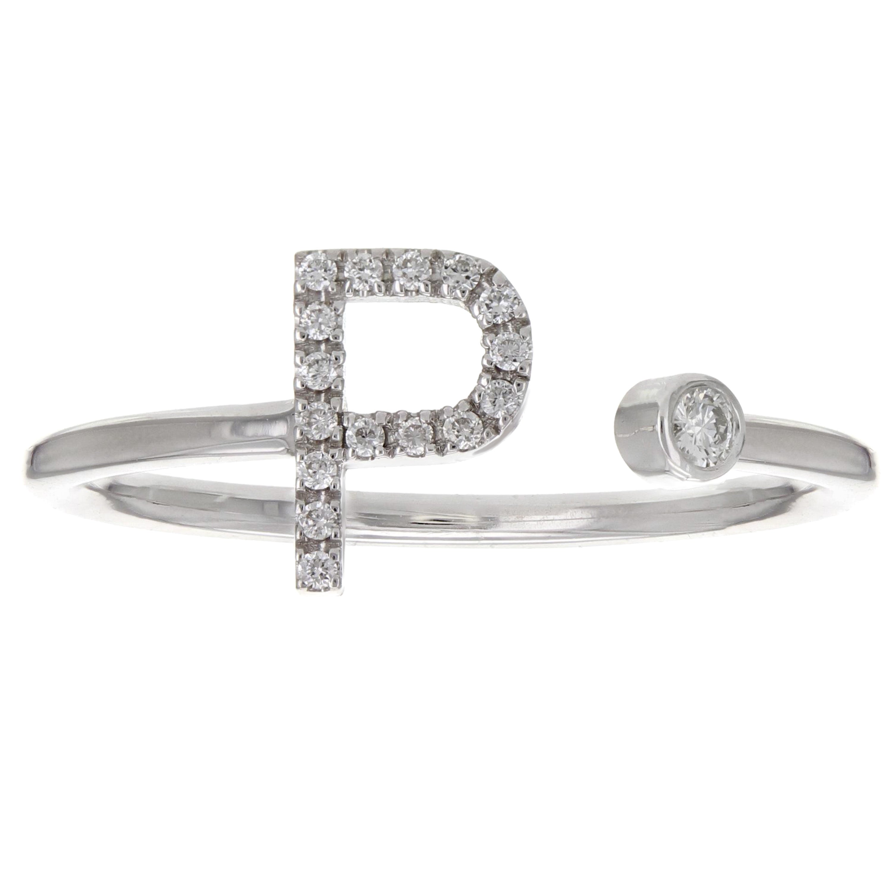 14k White Gold Diamond Initial Letter P Ring Size 6 - Letter P,White