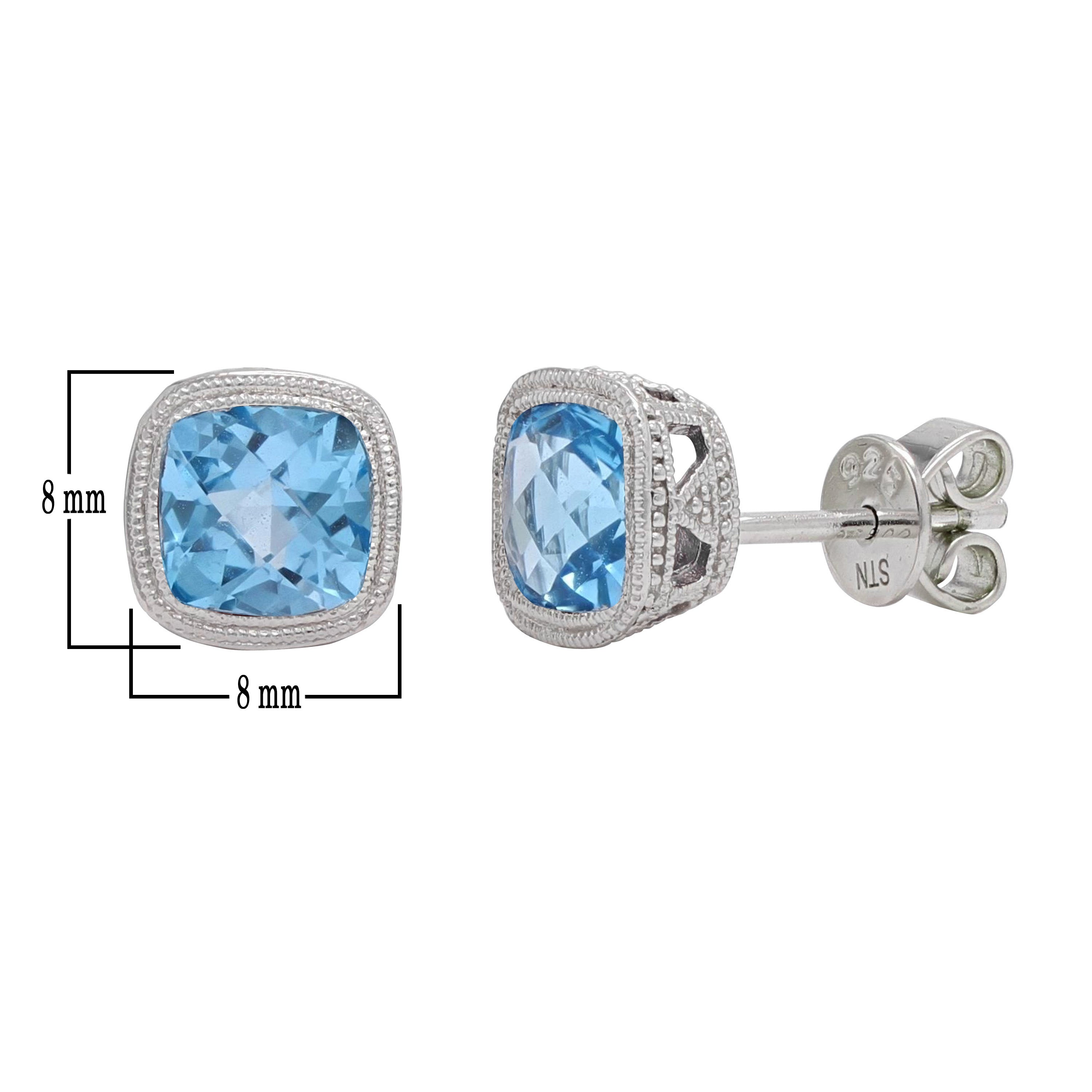 925 Sterling Silver Blue Topaz Petite Double Milgrain Checkerboard-Cushion-Cut Halo Stud Earrings - Blue Topaz