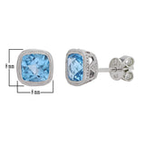 925 Sterling Silver Blue Topaz Petite Double Milgrain Checkerboard-Cushion-Cut Halo Stud Earrings - Blue Topaz
