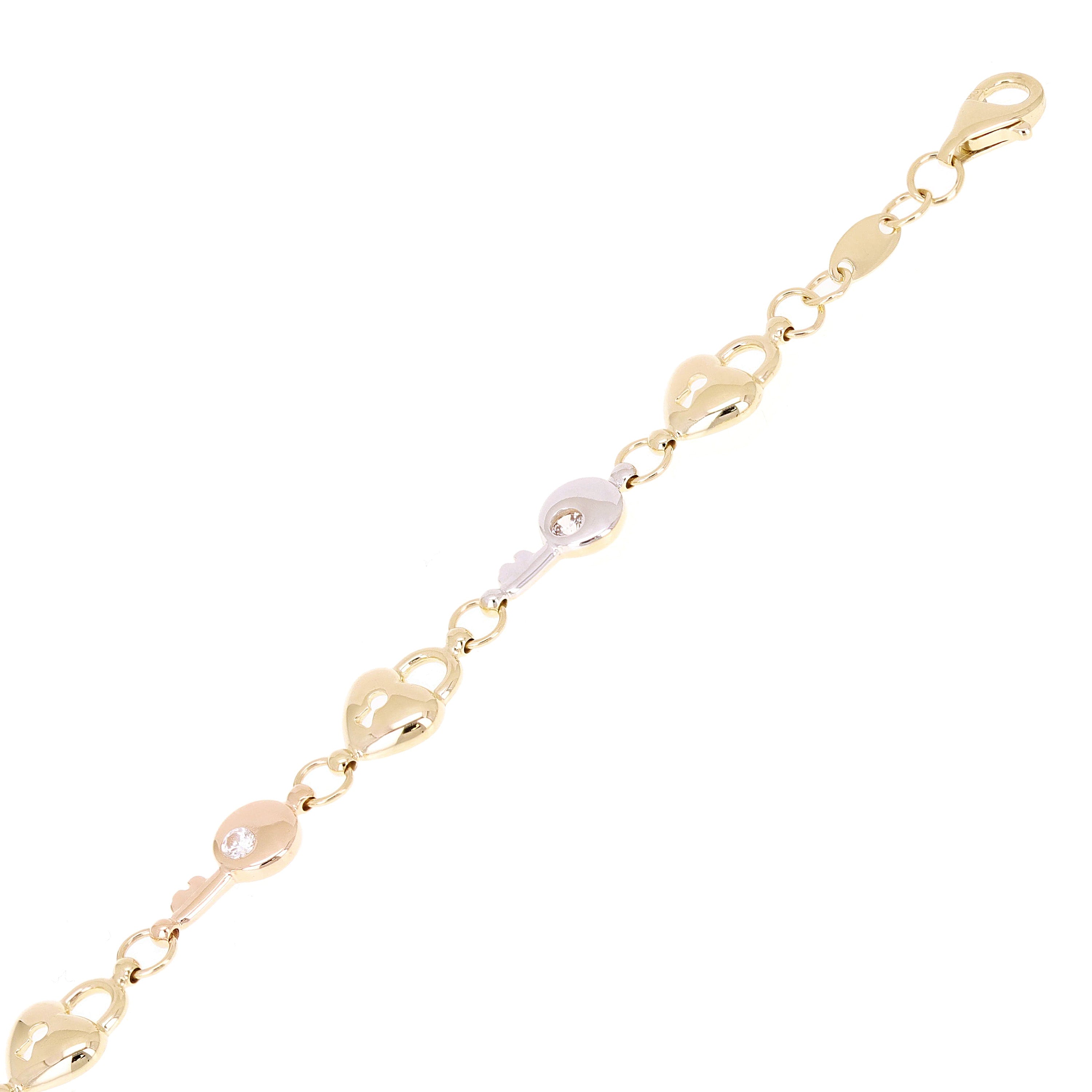 Italian 14k Tri Color Gold Heart Lock Key Charm Bracelet 7.5" 7.2mm 5.8 grams