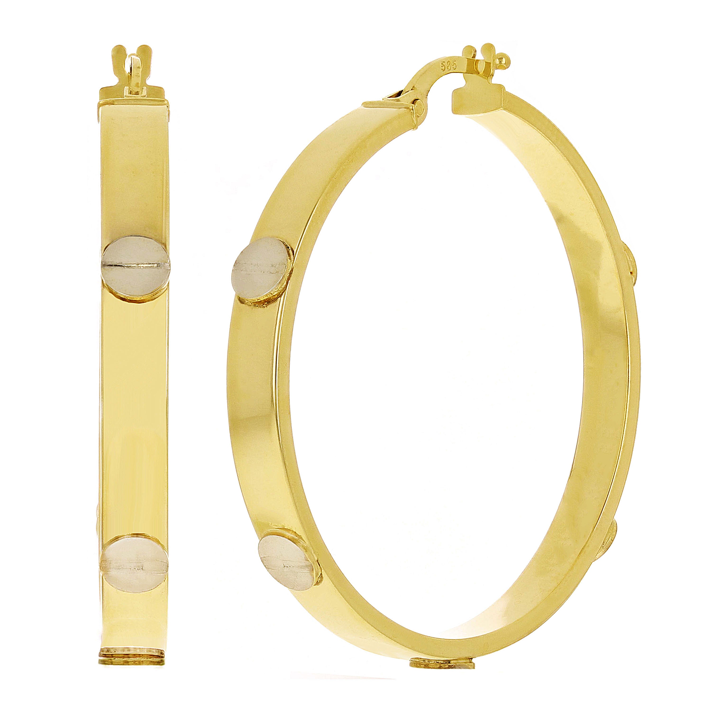 Italian 14k Two-Tone Gold Hollow Screw Design Hoop Earrings 1.2" 3mm 2.7 grams
