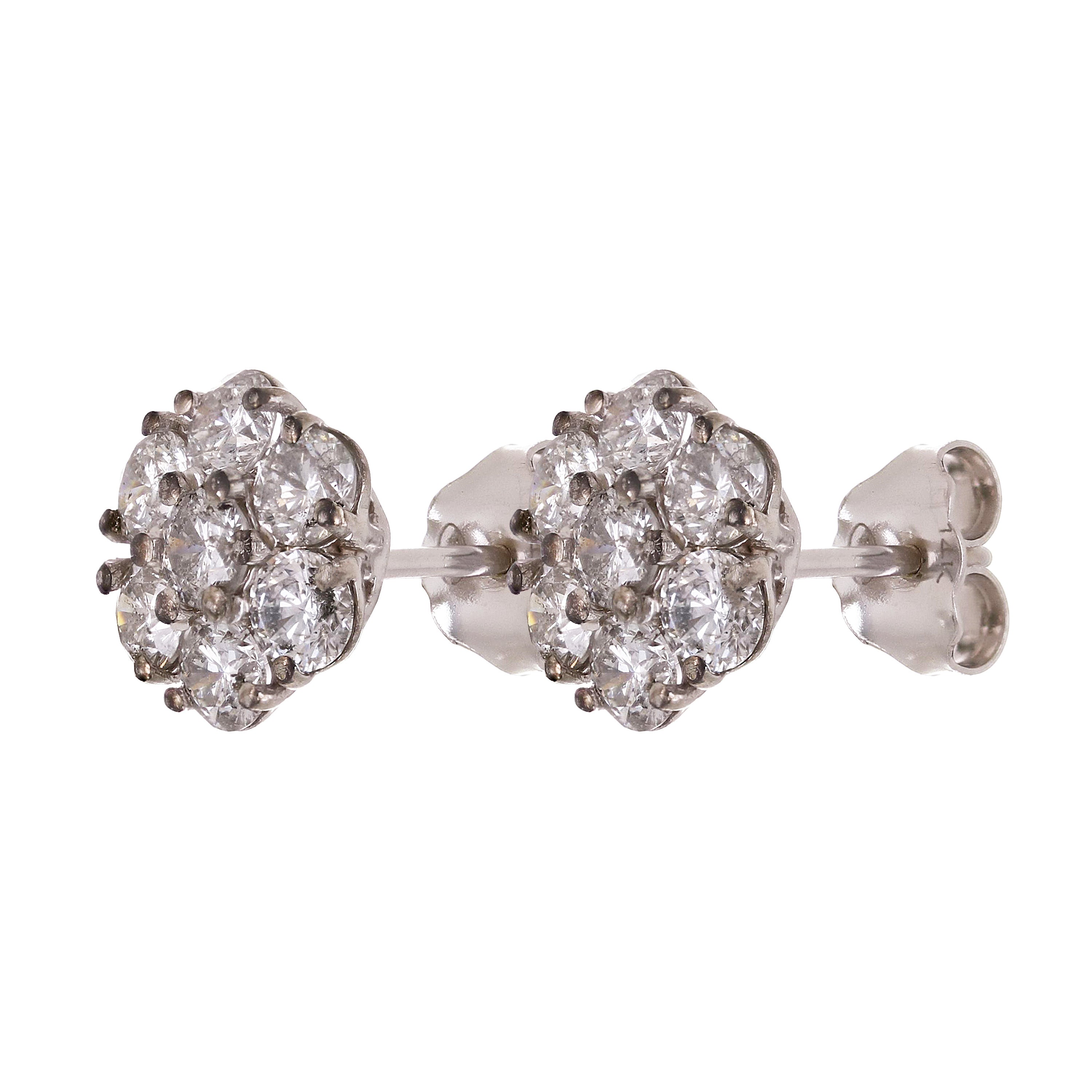 14k White Gold Flower Cluster Round Diamond Stud Earrings 3.01ctw 10.9mm 3 grams