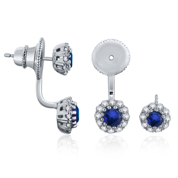 14k White Gold 1ctw Sapphire & Diamond Halo Curved Drop Stud Earring Jackets