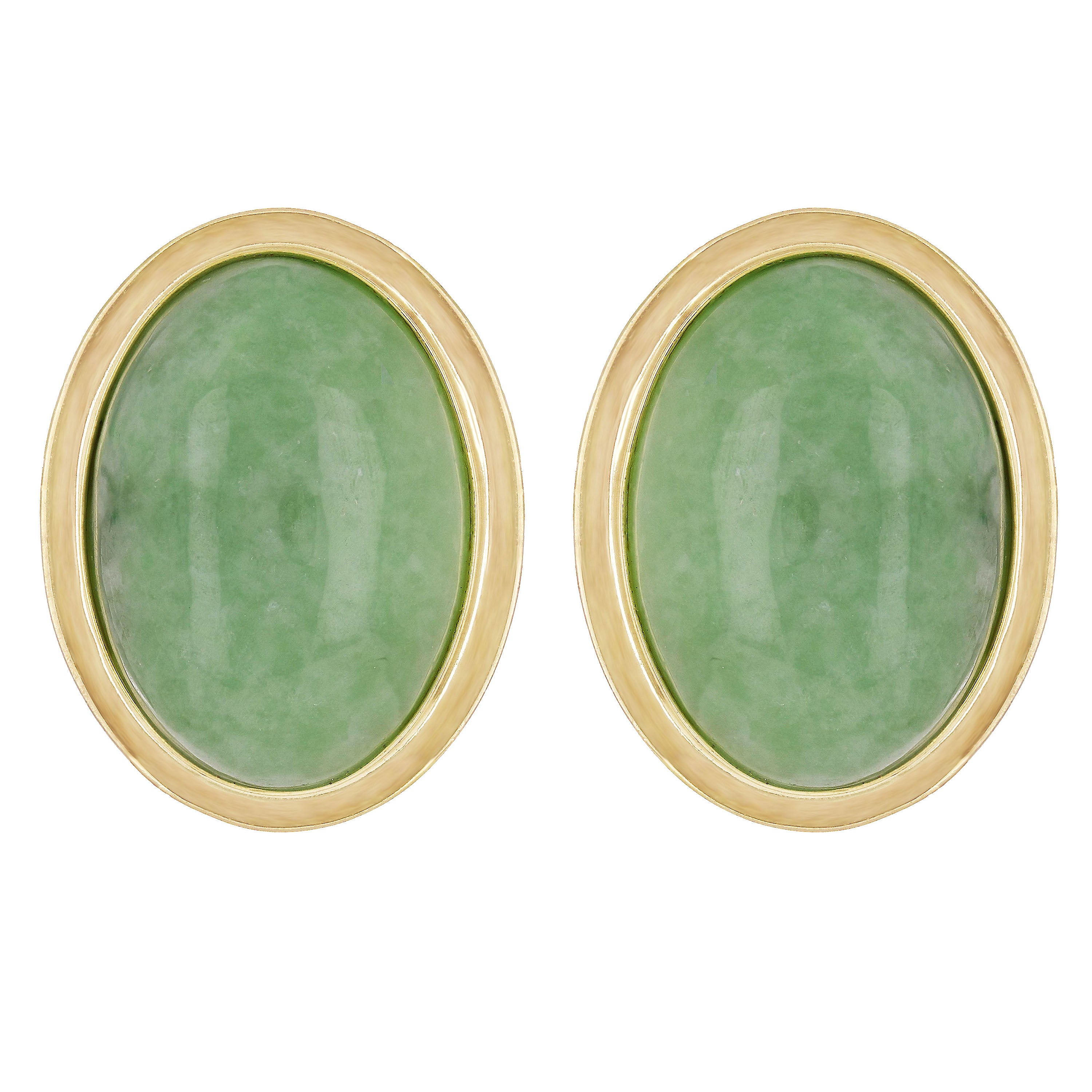 14K Yellow Gold Oval Cabochon Jade Earrings 25.5mm x 16.8mm 8.4 grams
