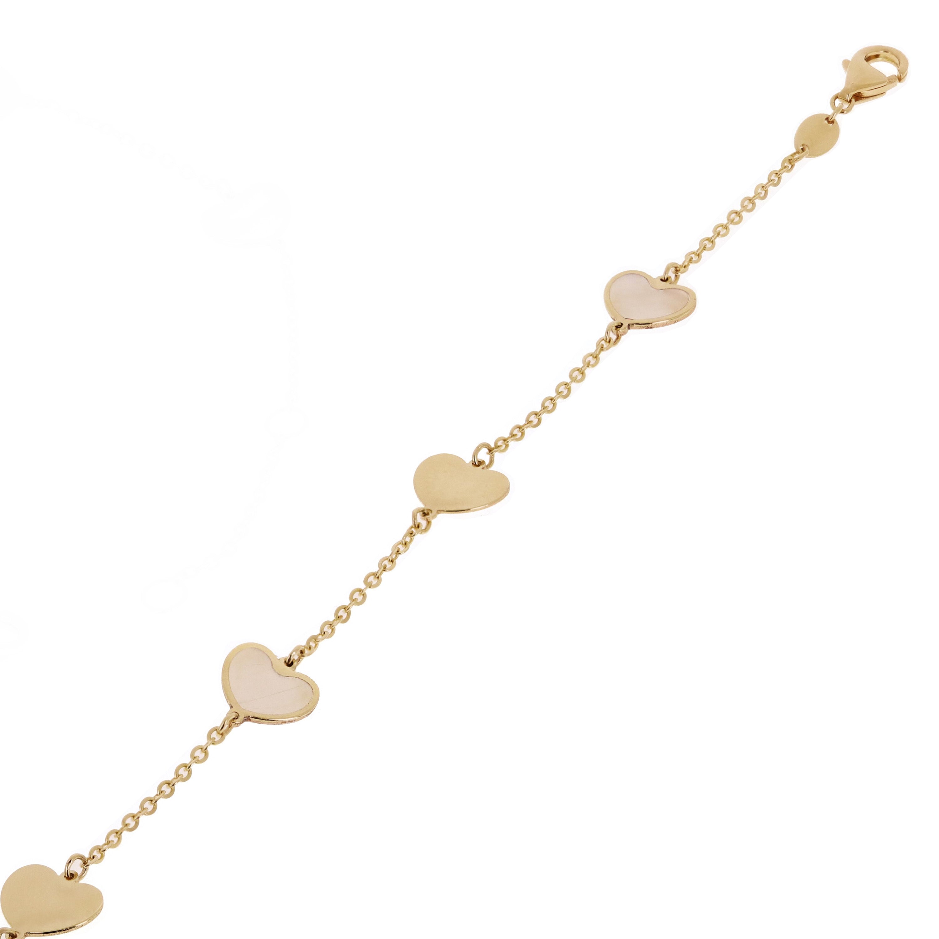 Italian 14k Yellow Gold & Mother of Pearl HEART Charm Bracelet 7" 1.5 grams