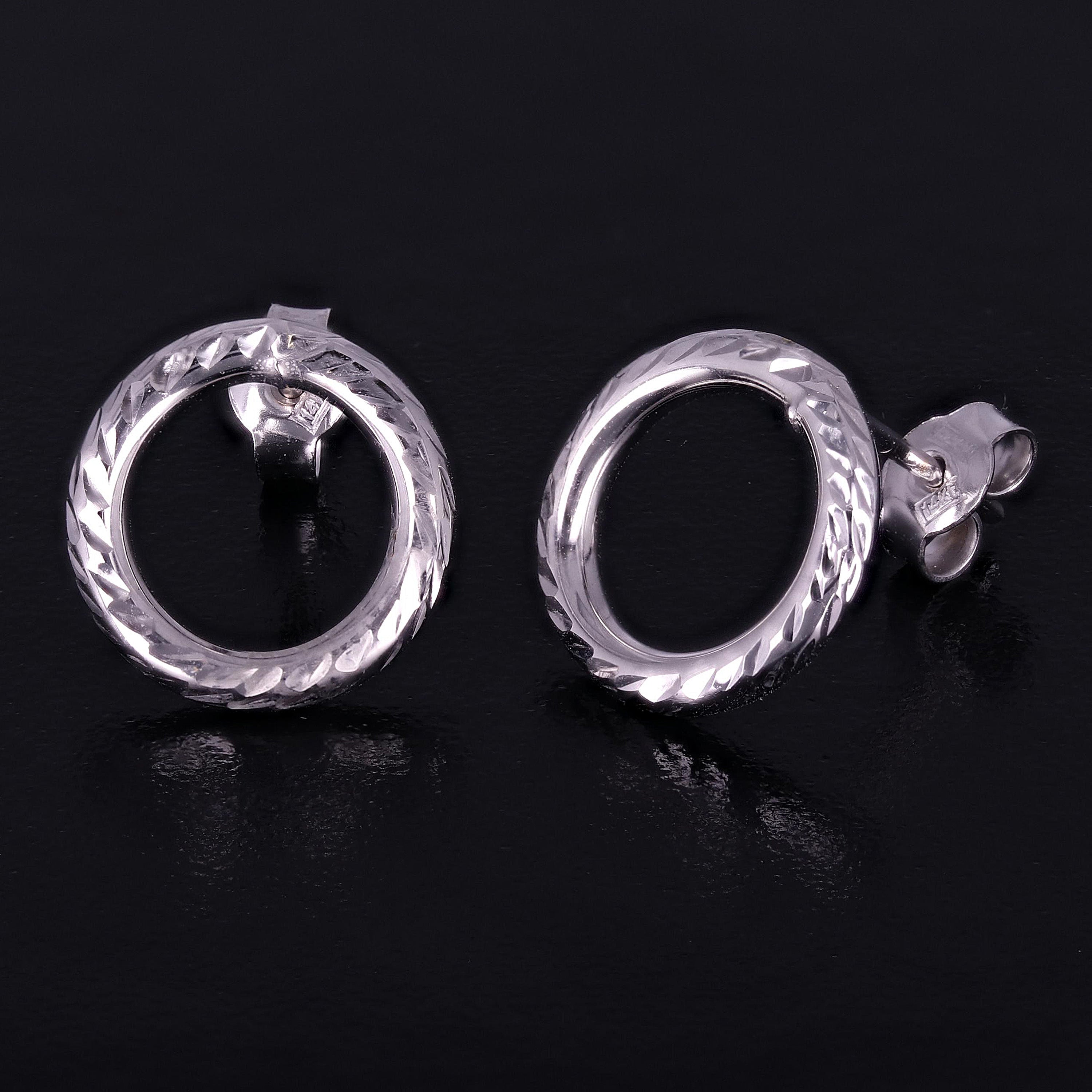 Italian 14k White Gold Modern Diamond-Cut Double Eternity Circle Stud Earrings - Dainty Modern