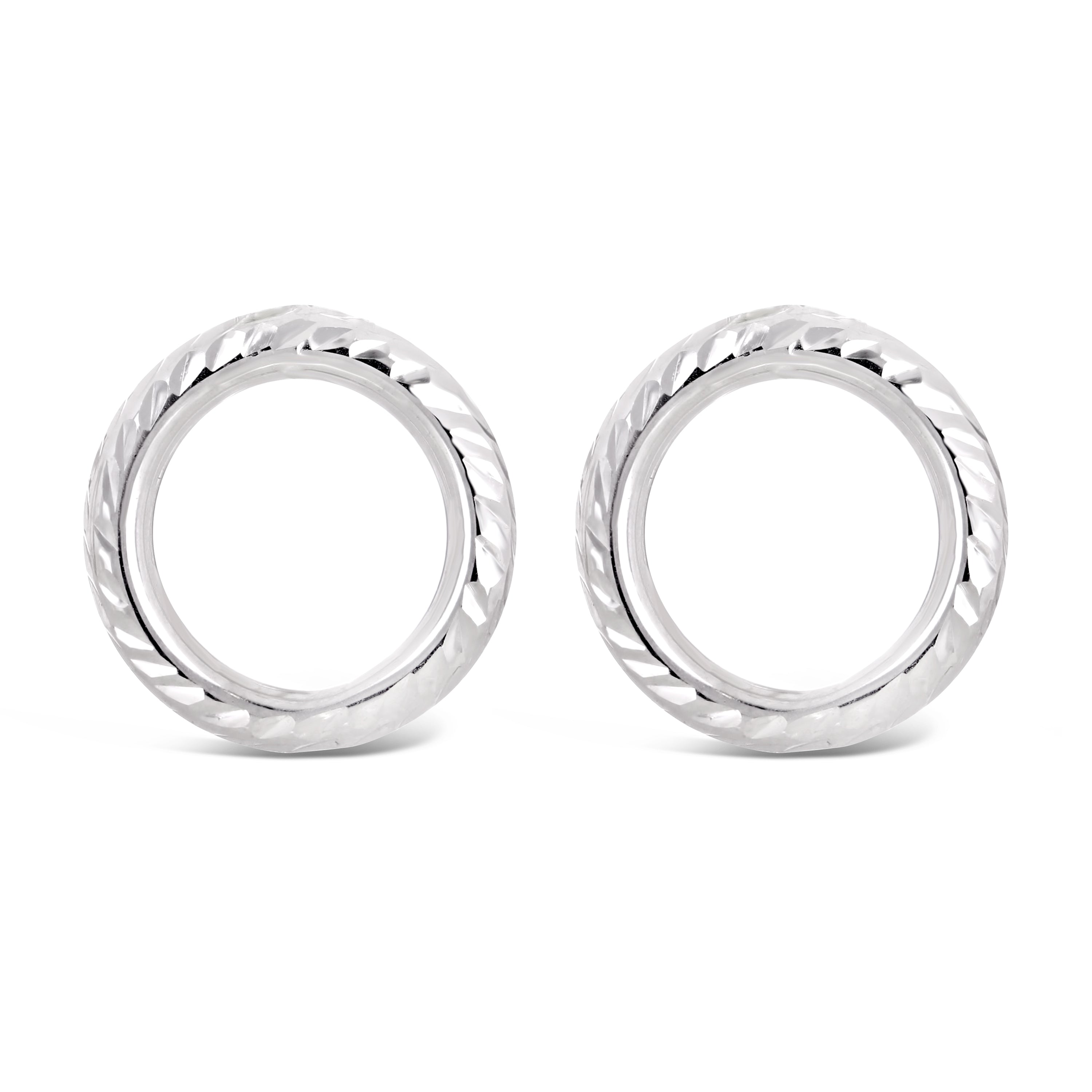 Italian 14k White Gold Modern Diamond-Cut Double Eternity Circle Stud Earrings - Dainty Modern