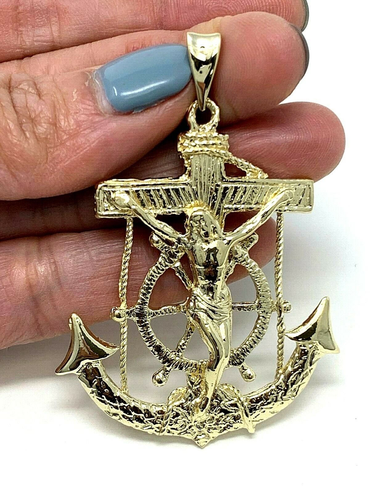 10k Yellow Gold Jesus Crucifix Anchor Wheel Cross Mariner Pendant 2.4" 14 grams