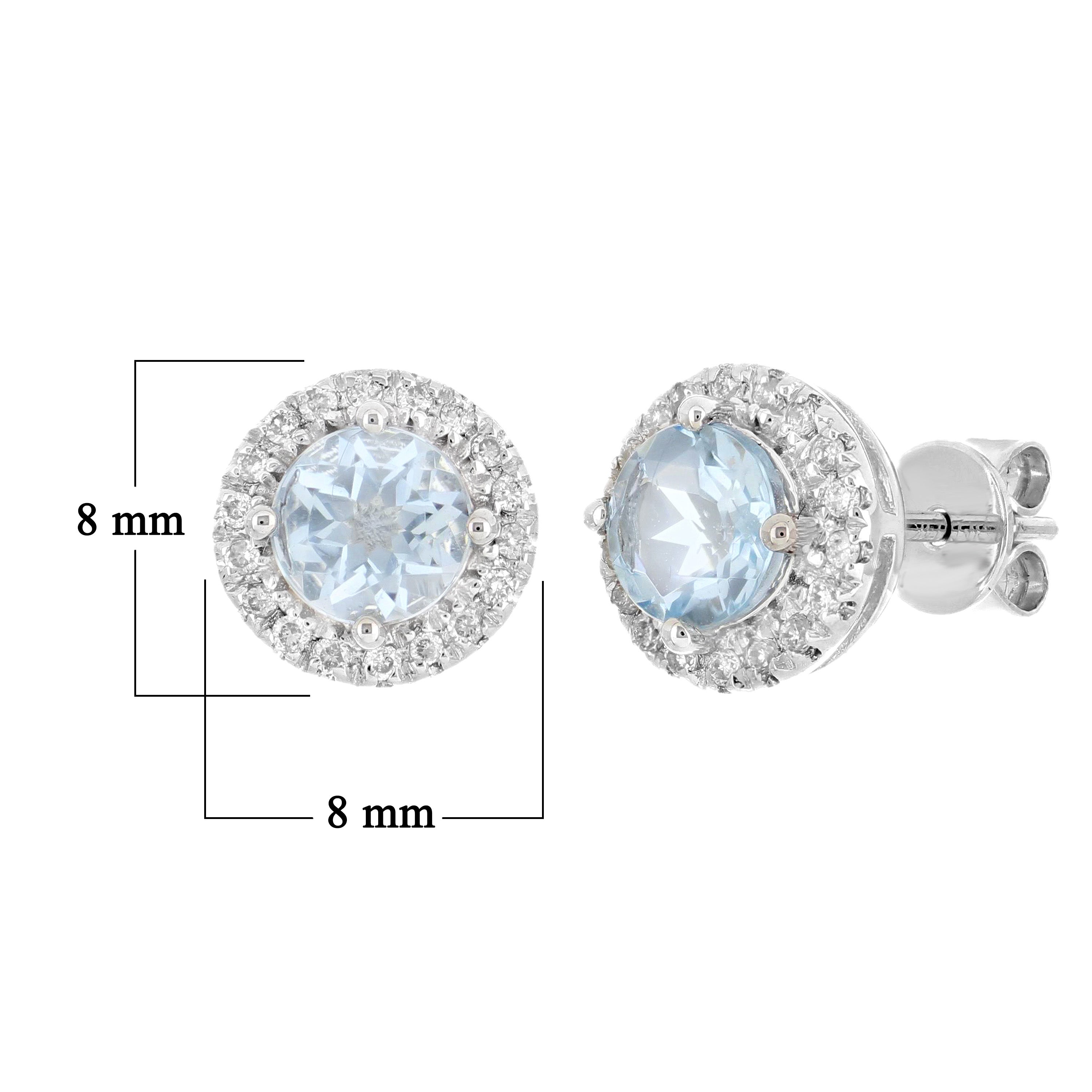 14k White Gold Aquamarine & Diamond Halo Stud Earrings
