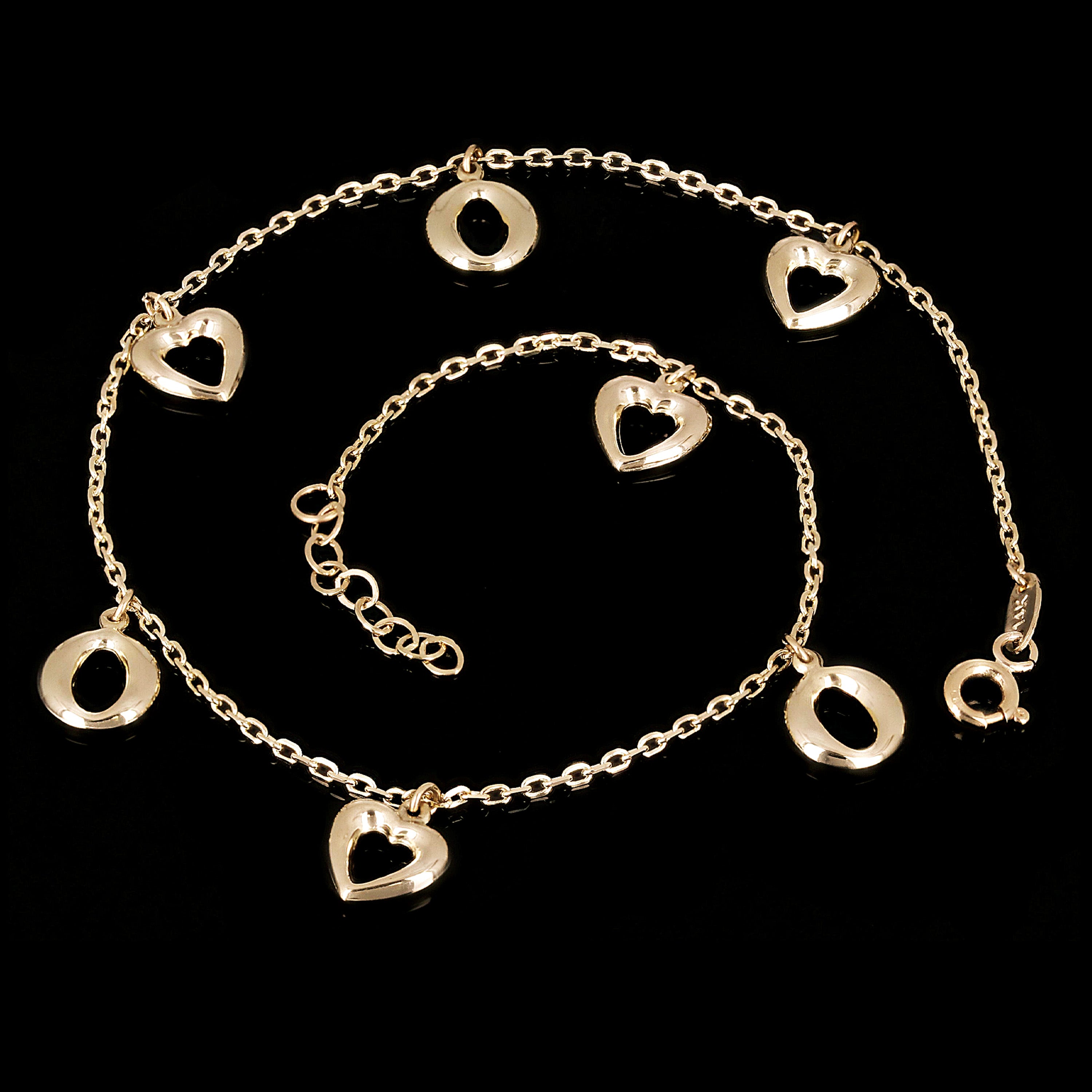 Italian 14k Yellow Gold Heart & Oval Charm Anklet/Bracelet 10" 3 grams