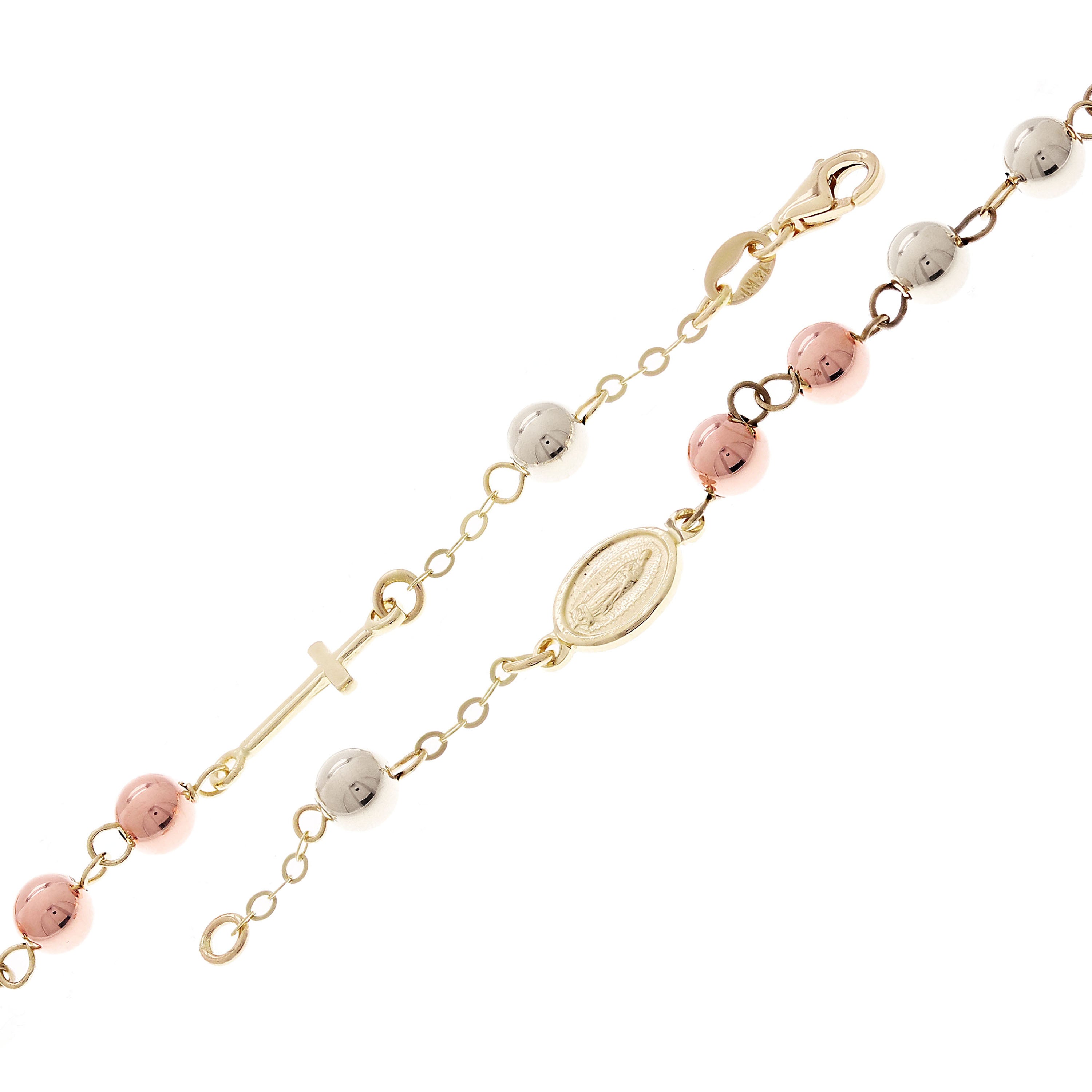 Italian 14k Tri-Color Gold Miraculous Medal Charm Rosary Bracelet 7.75" 5mm 3.4g