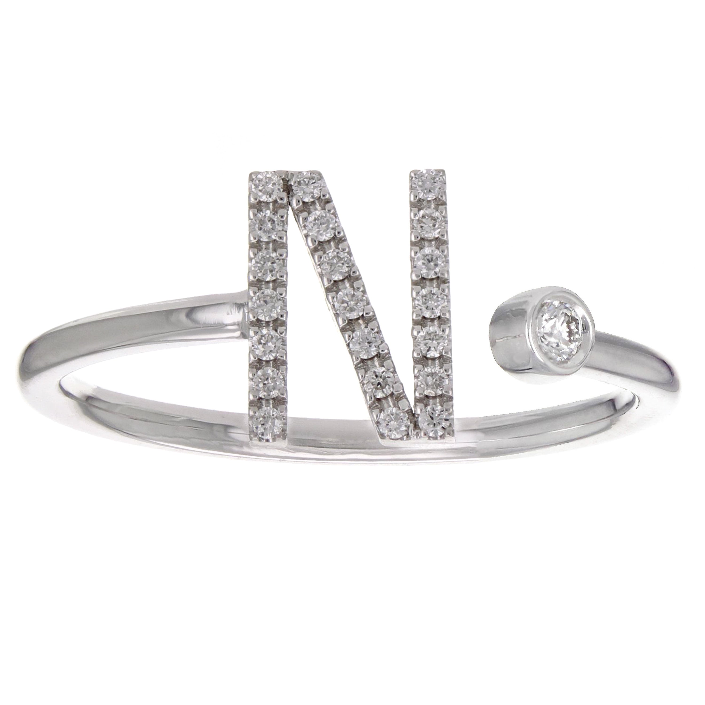 14k White Gold Diamond Initial Letter N Ring Size 6 - Letter N,White