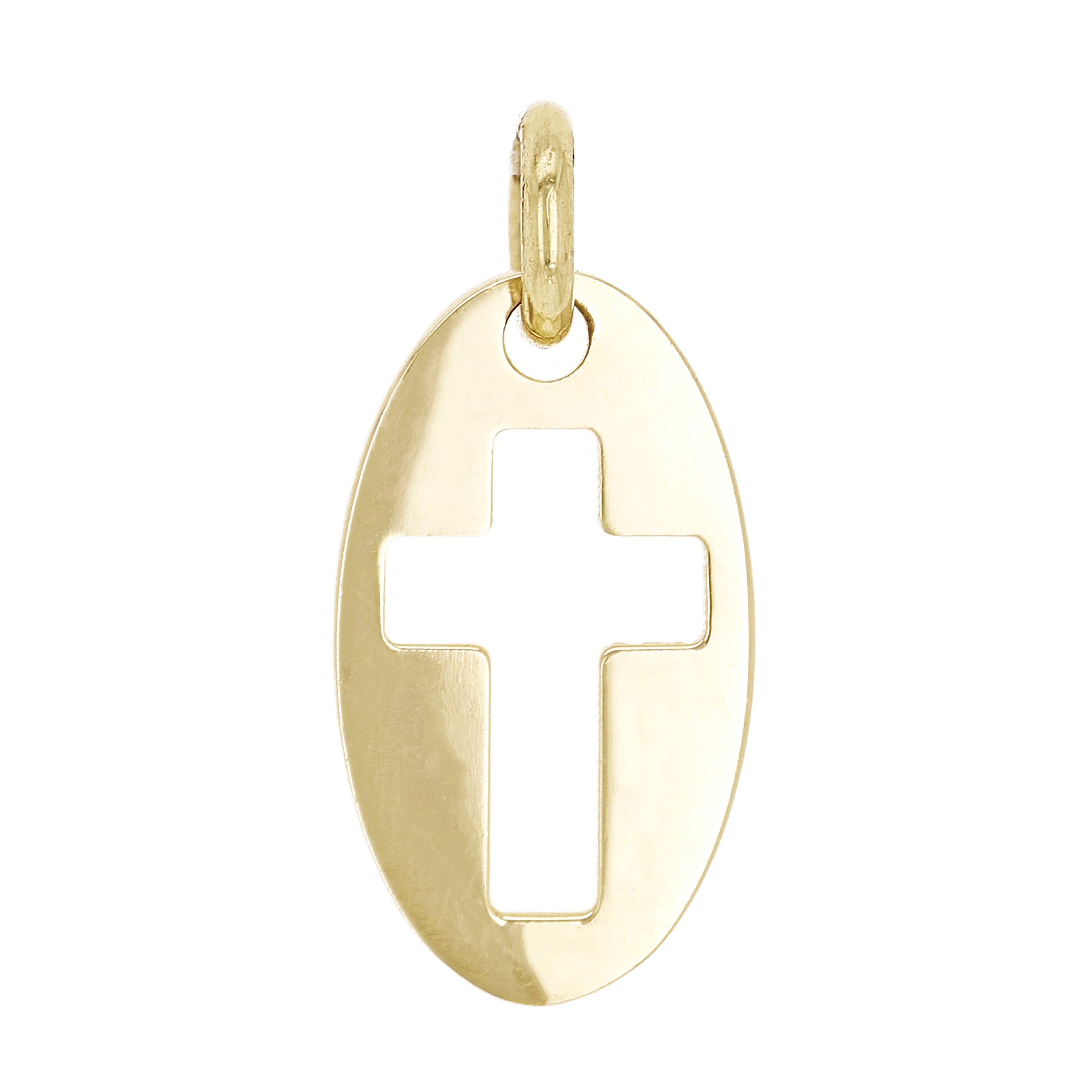 14kt Yellow Gold Cross Cutout Oval Charm Pendant 0.8" 1.2 grams