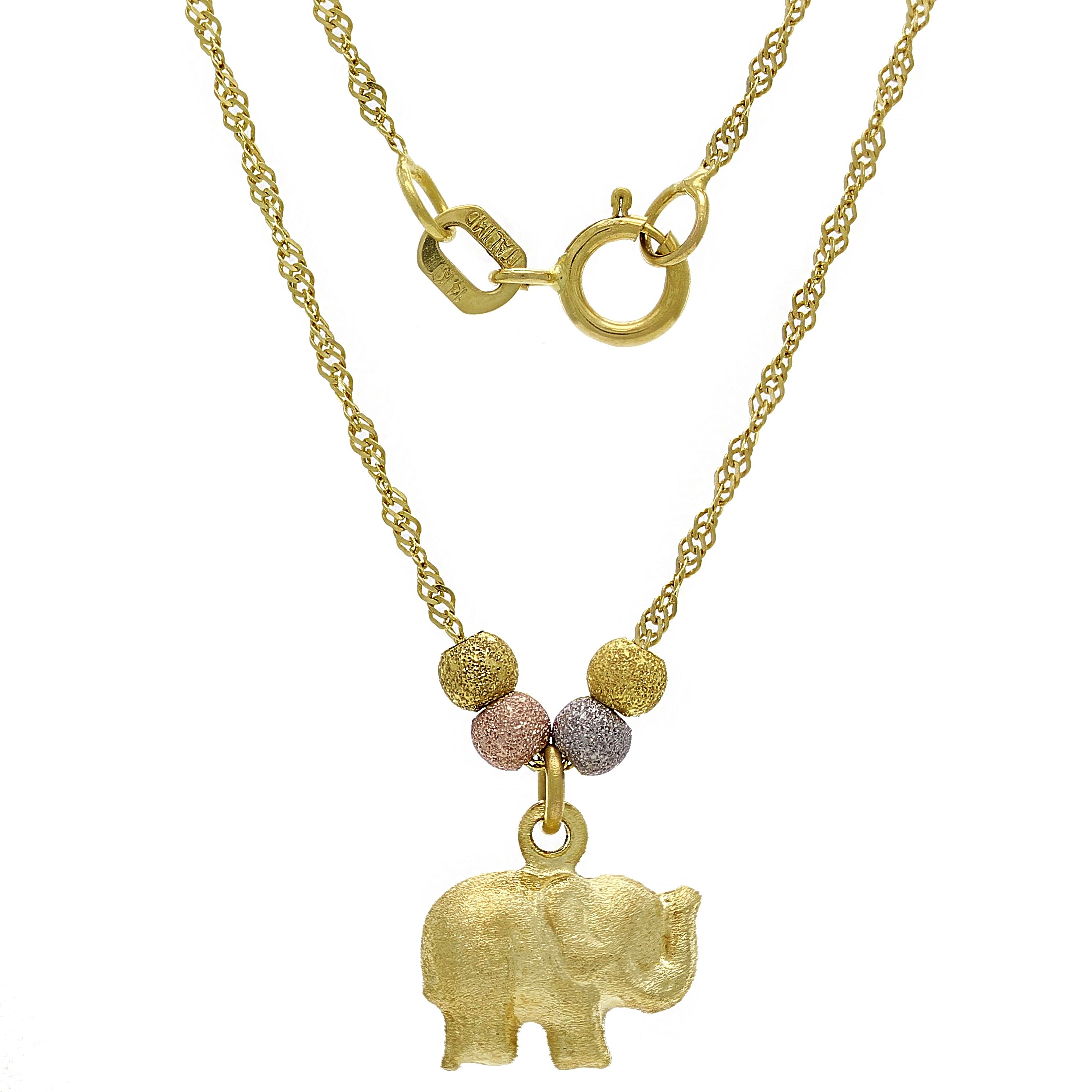 14k Tri Color Gold Ball Beads Elephant Charm Singapore Chain Necklace 17" - Elephant Satin Finish