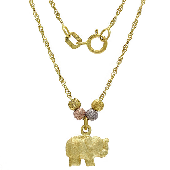 14k Tri Color Gold Ball Beads Elephant Charm Singapore Chain Necklace 17