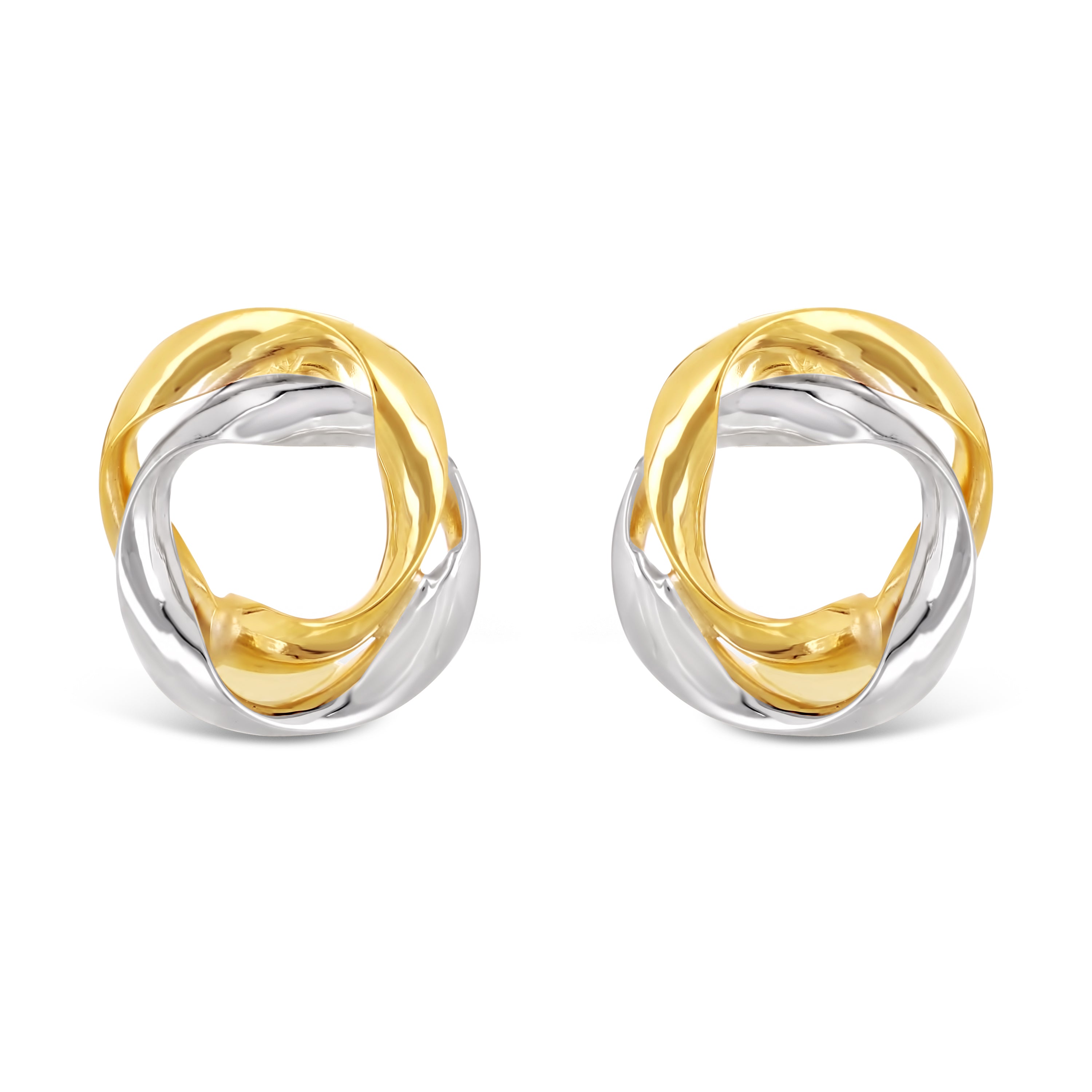 Italian 14k Yellow & White Gold Shiny Mini Twisted Love Knot Stud Earrings - Double Twisted Circles