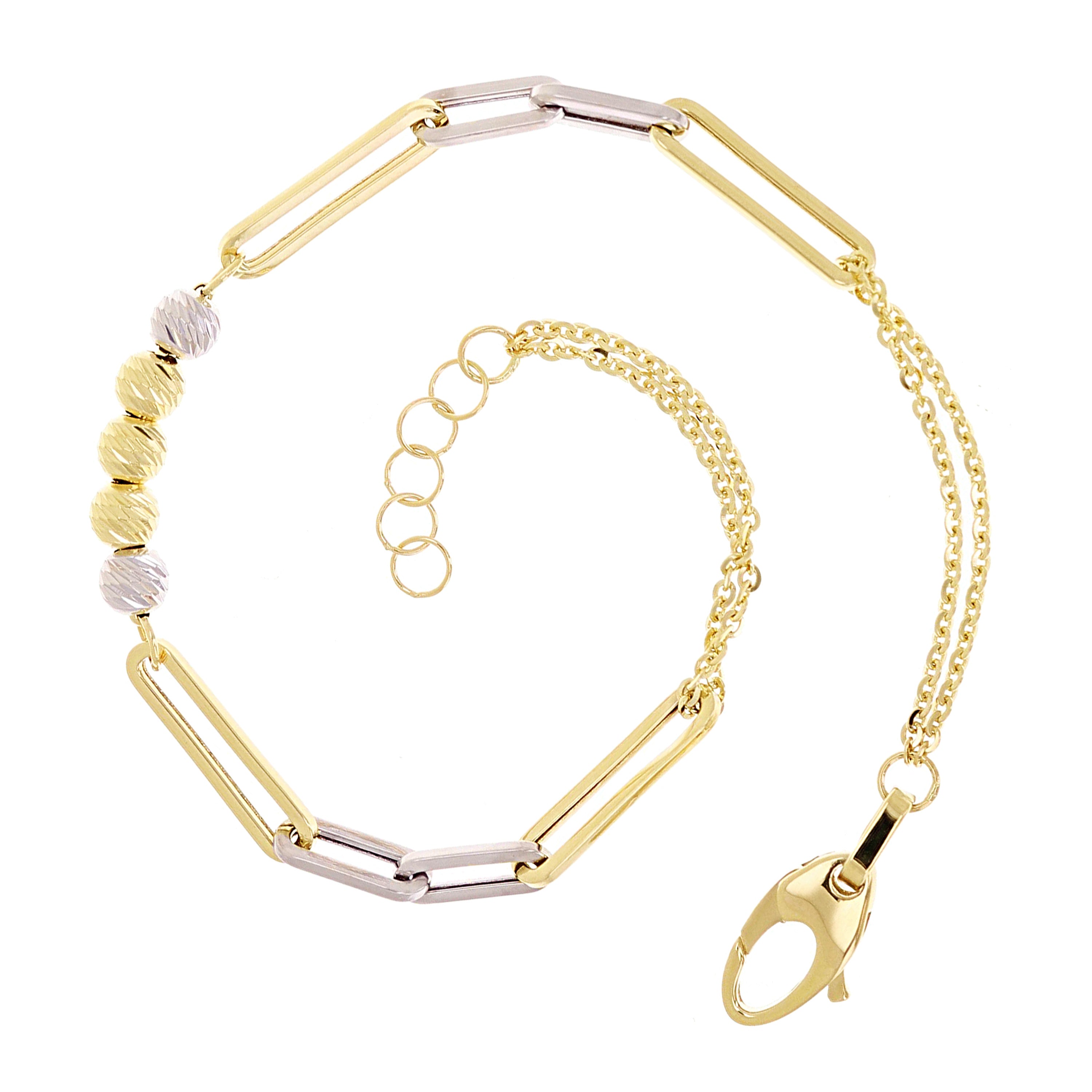 Italian 14k Two Tone Gold Ball Bead & Paper Clip Link Bracelet 7.5" 3 grams