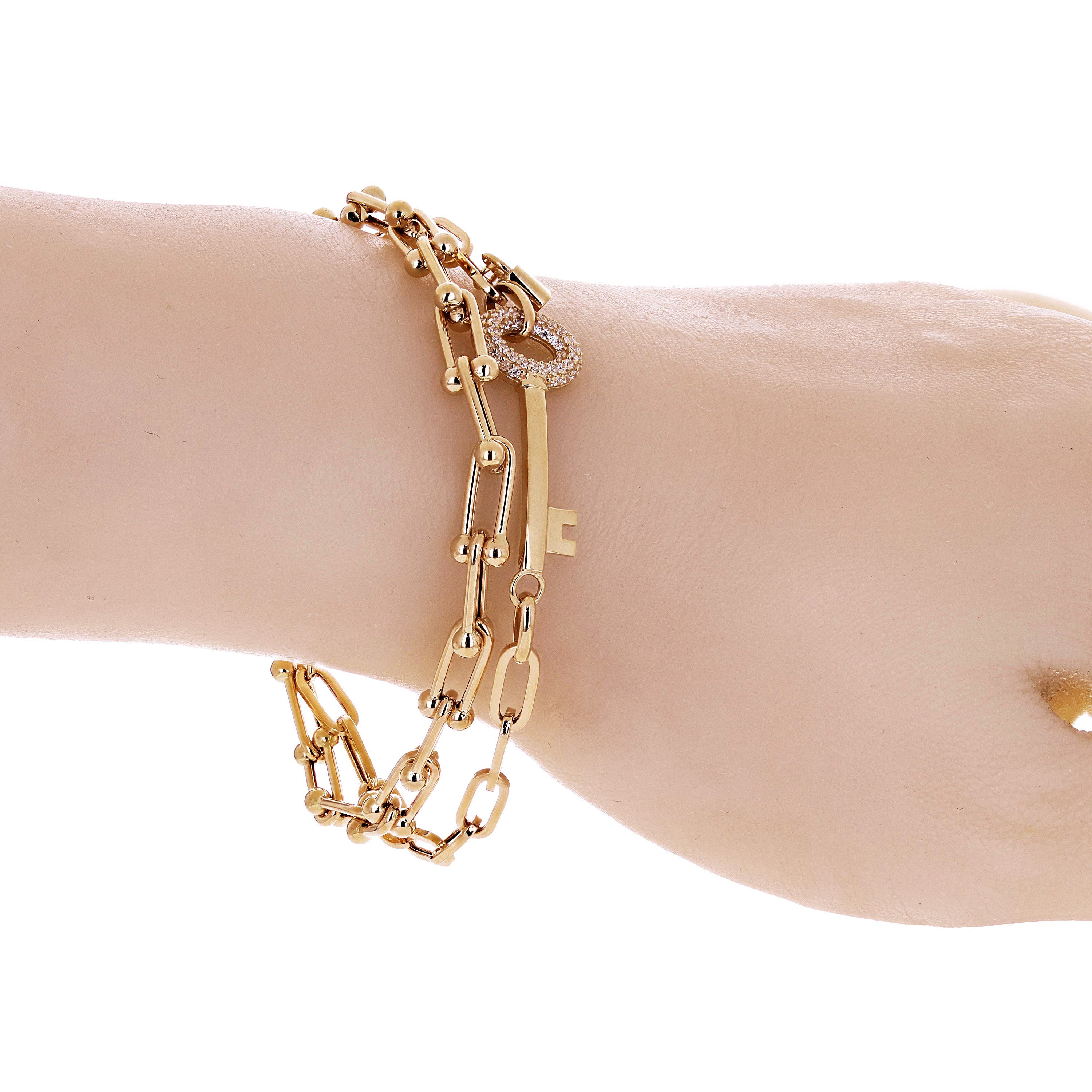 Italian 14k Yellow Gold Double U Shape Hardwear Lock & Key CZ Charm Bracelet 7.5" - 7.5" 12.9 grams